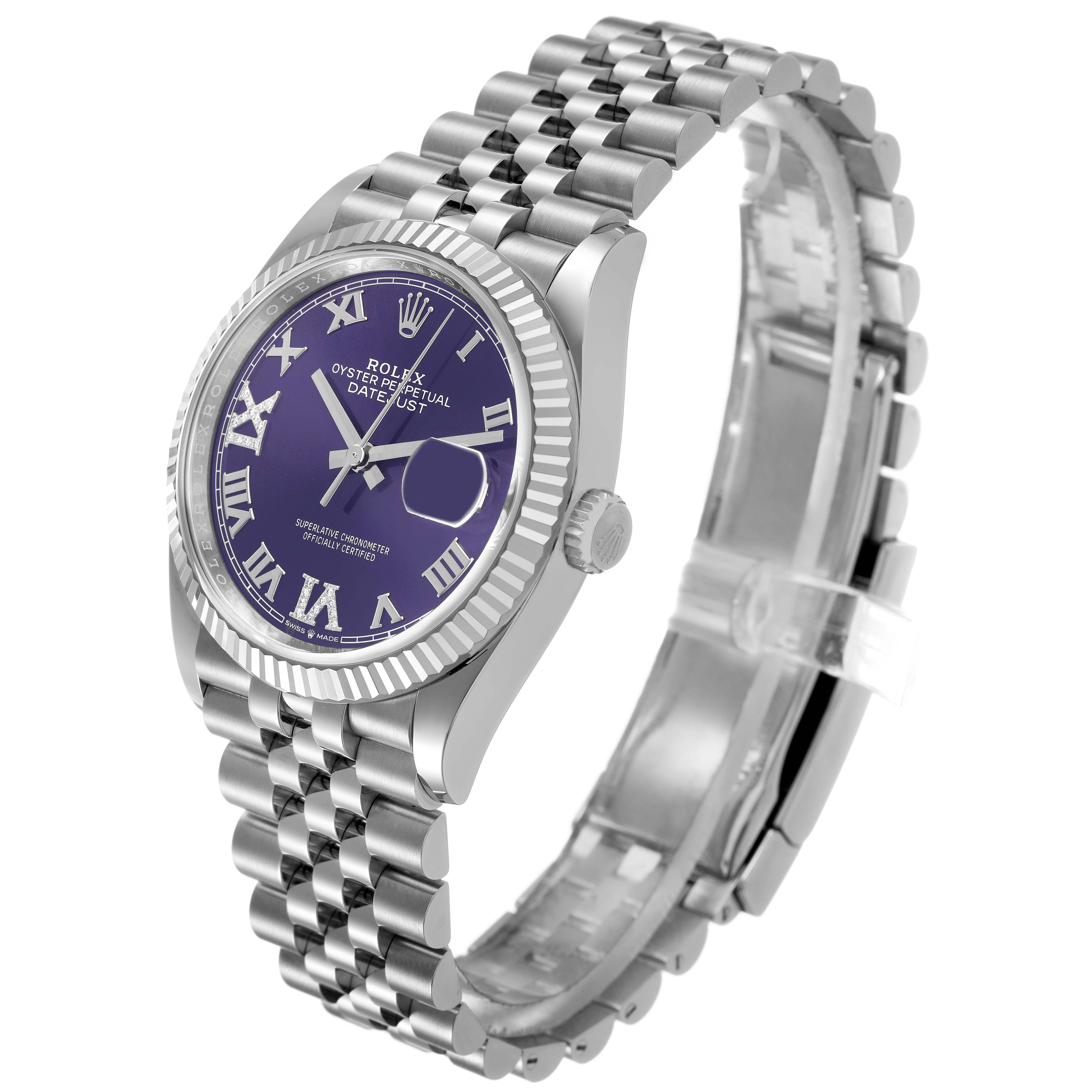 The Rolex Datejust 126234 Men's Stainless Steel Purple Dial watch is shown from an angled side view, highlighting the dial, fluted bezel, crown, and Jubilee bracelet.