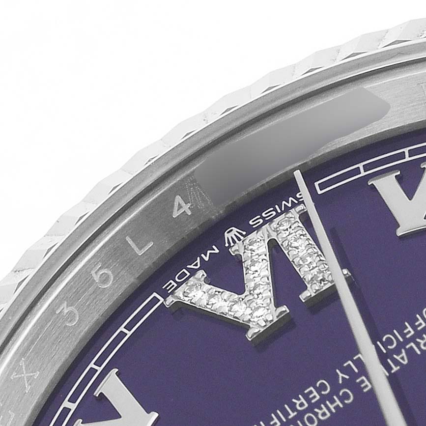 The image shows a close-up of the bezel and dial of a Rolex Datejust 126234 Men's Stainless Steel Purple Dial watch, highlighting the Roman numeral and Swiss-made marking.