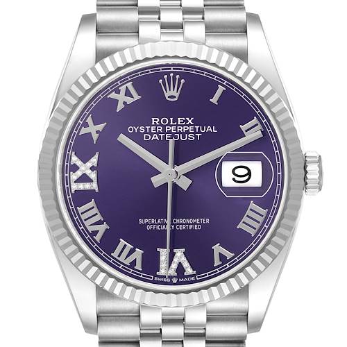 The image shows a front view of a Rolex Datejust 126234 Mens Stainless Steel Purple Dial watch, highlighting the purple dial, Roman numerals, and fluted bezel.