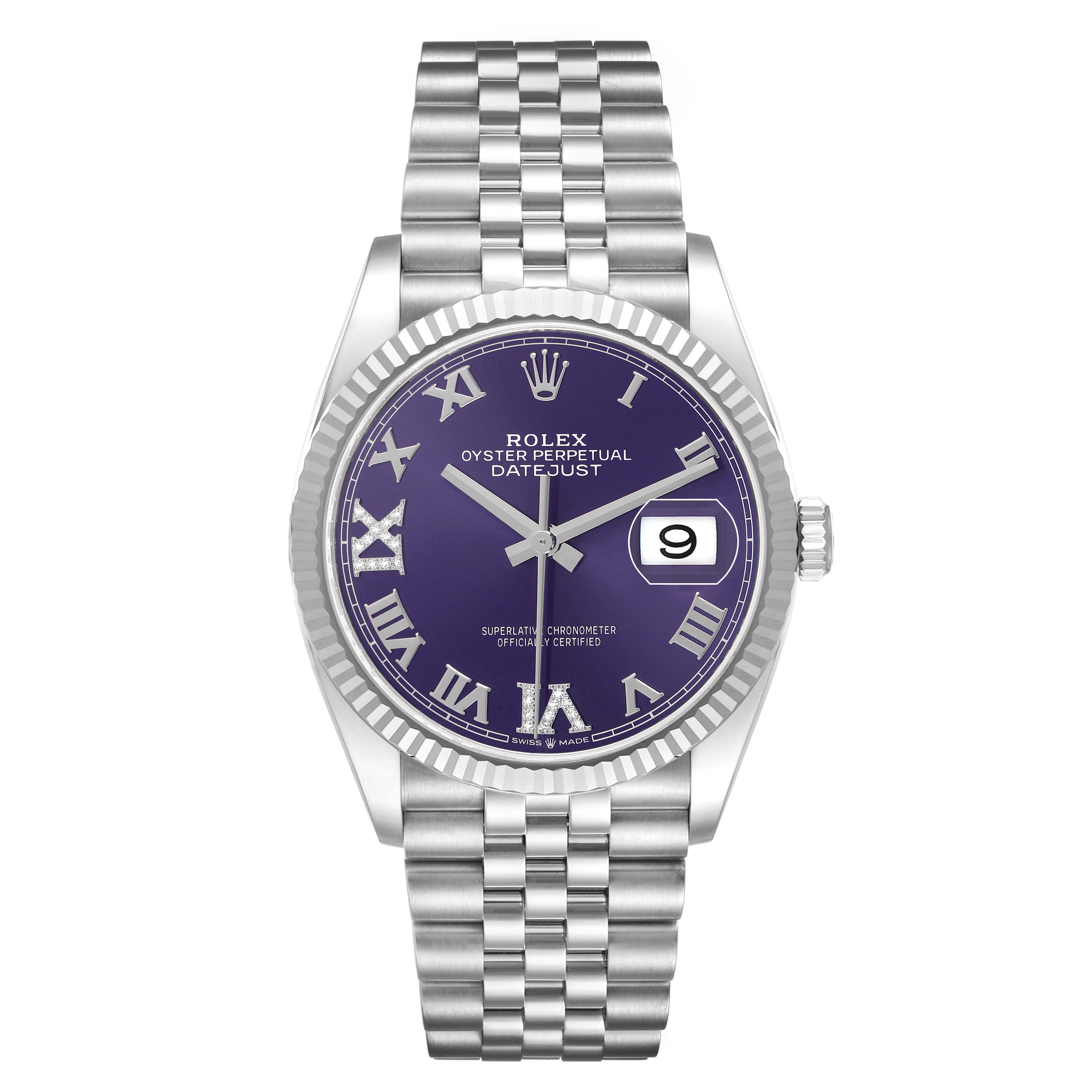 The Rolex Datejust 126234 Men's Stainless Steel Purple Dial watch is shown from a front view, displaying the dial, bezel, crown, and bracelet.