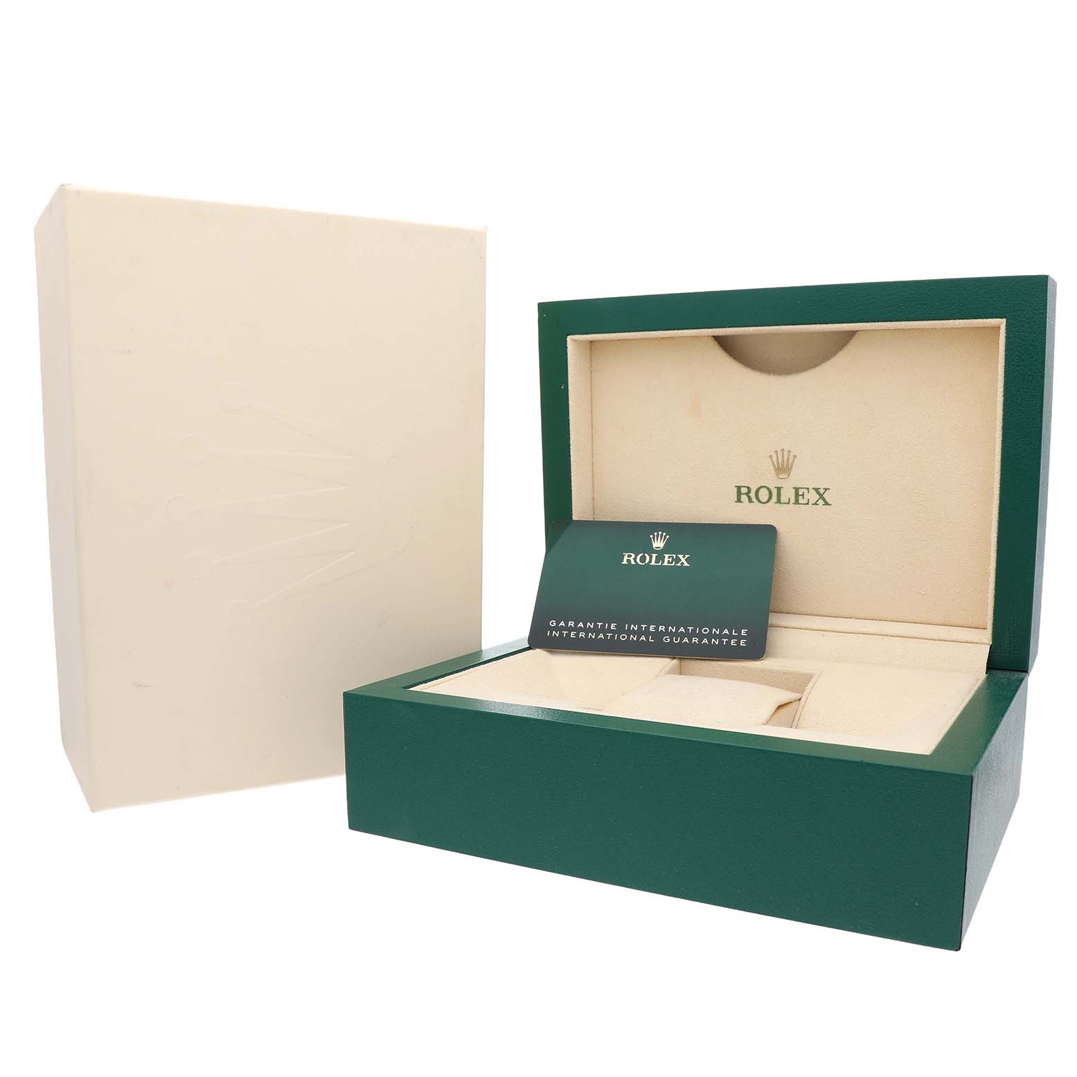 The image shows a Rolex Datejust 126234 Men's Stainless Steel Purple Dial box and international guarantee card, viewed from a slight angle.