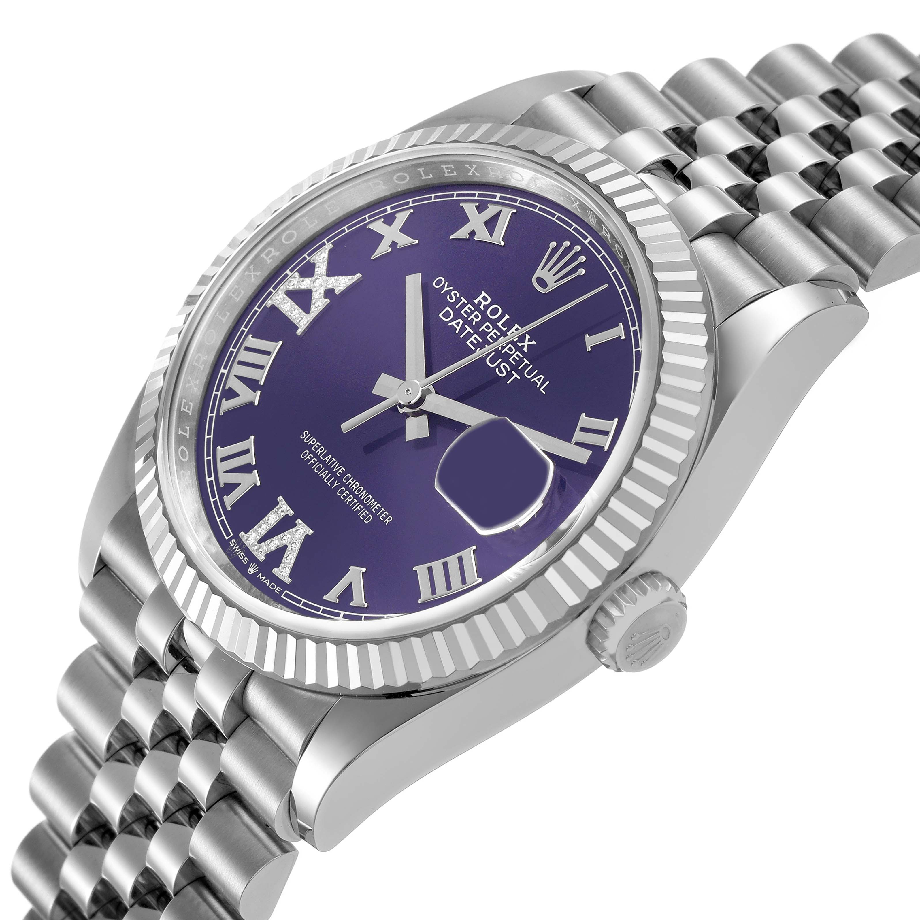 The Rolex Datejust 126234 Men's Stainless Steel Purple Dial watch is shown at a slight angle displaying the dial, bezel, case, bracelet, and crown.