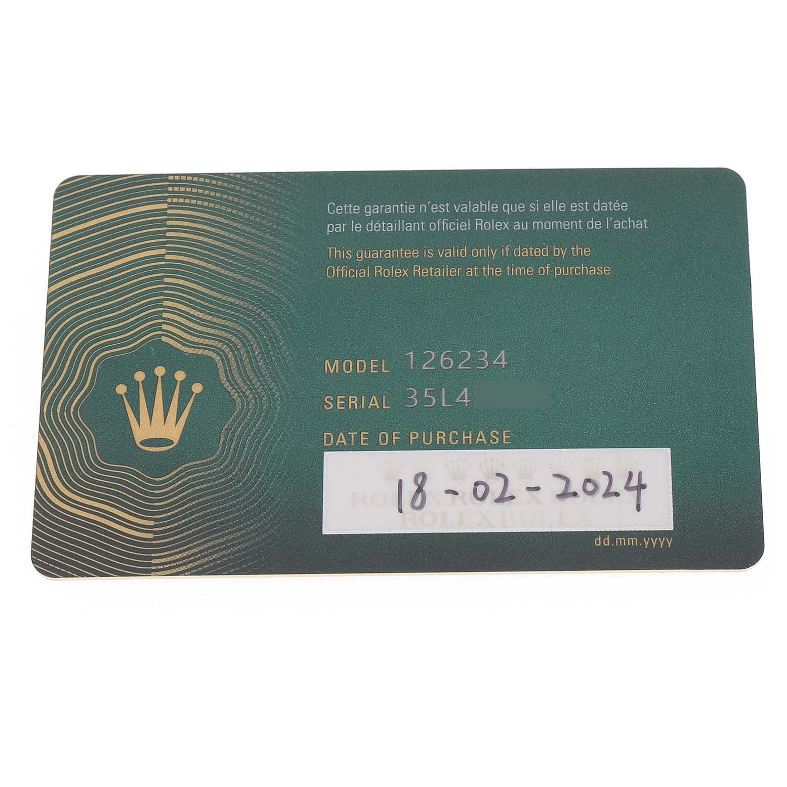 The image shows a Rolex Datejust 126234 Men's Stainless Steel Purple Dial warranty card displaying the model number, serial number, and purchase date.