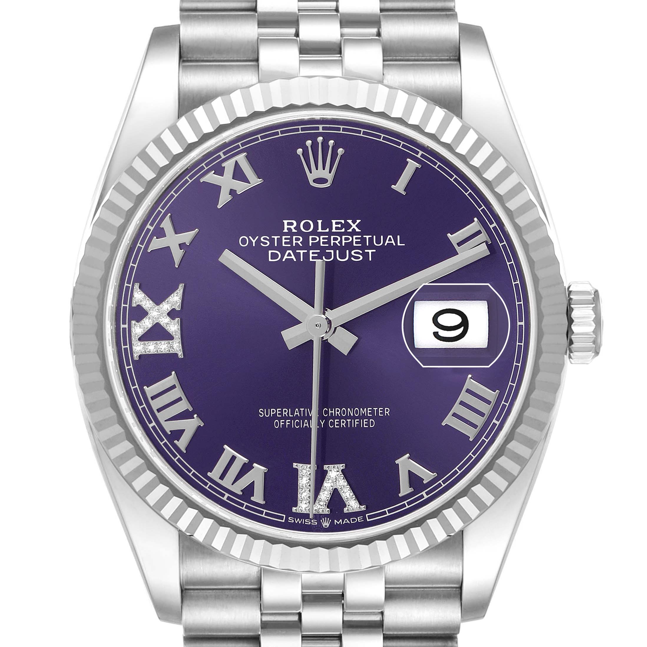 The Rolex Datejust 126234 Men's Stainless Steel Purple Dial watch is shown from the front, highlighting its purple dial, fluted bezel, and stainless steel bracelet.