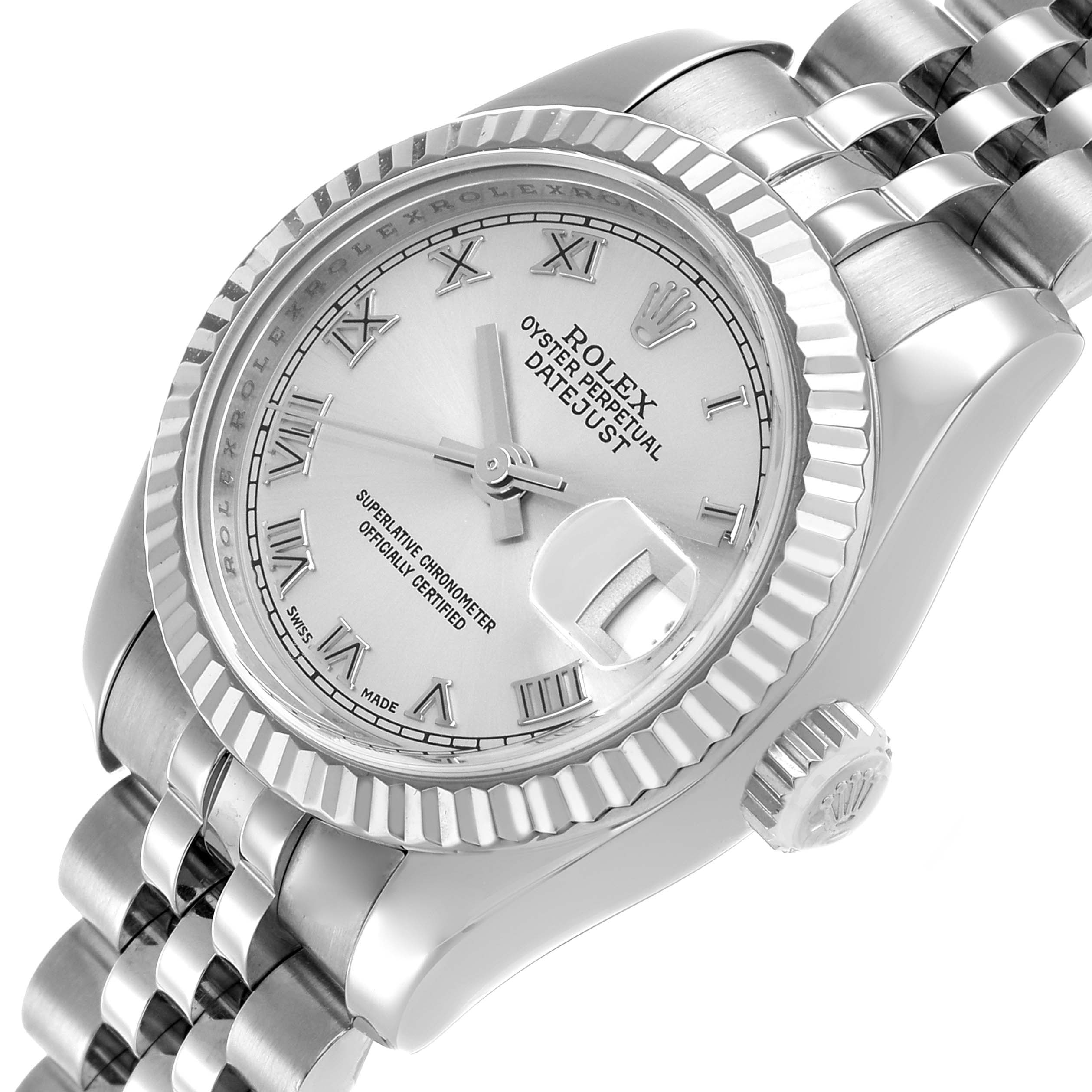 The Rolex Datejust 179174 Women's Stainless Steel Silver Dial watch is shown at an angle highlighting the dial, bezel, crown, and part of the bracelet.