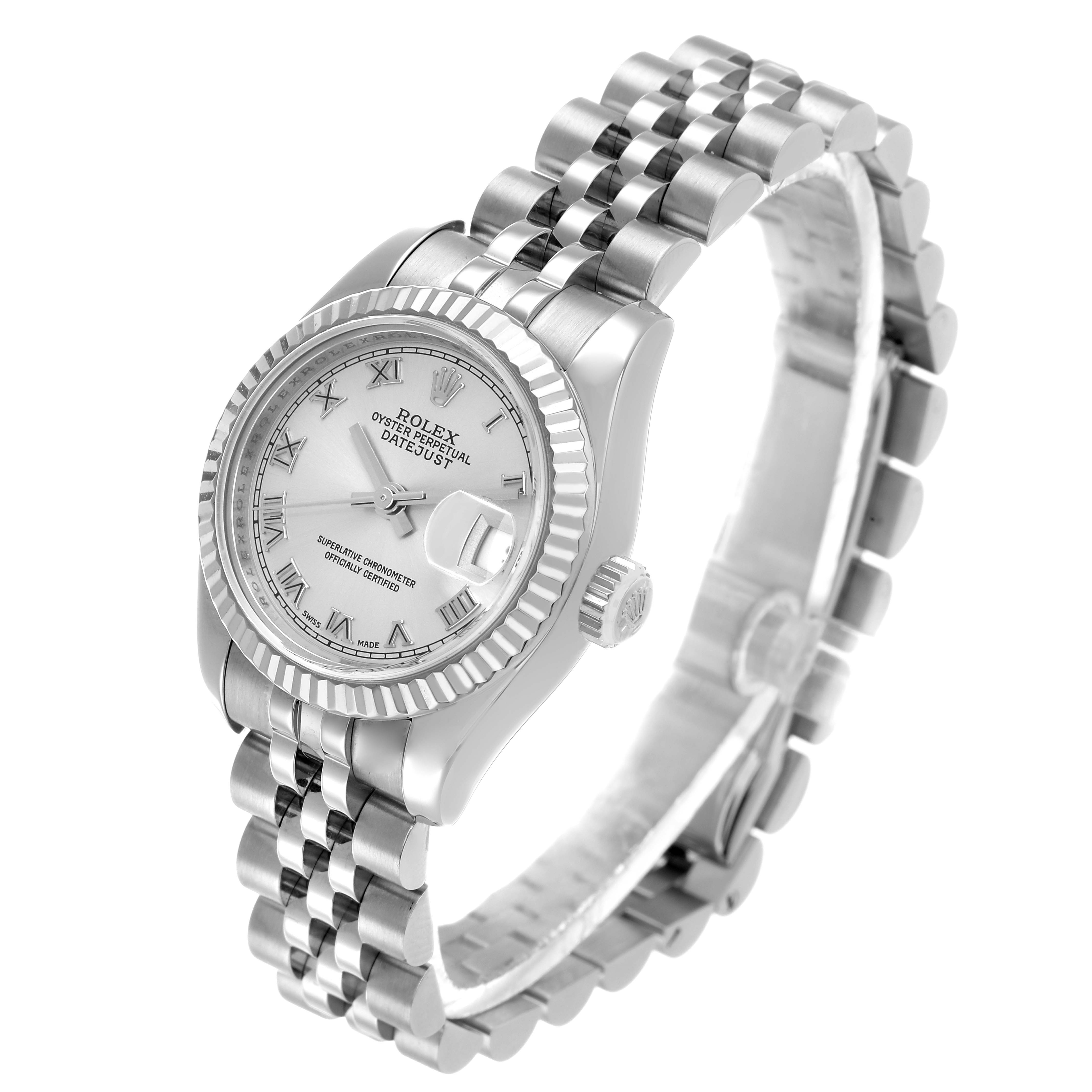 The Rolex Datejust 179174 Women's Stainless Steel Silver Dial is shown at a three-quarter angle, highlighting the dial, fluted bezel, and Jubilee bracelet.