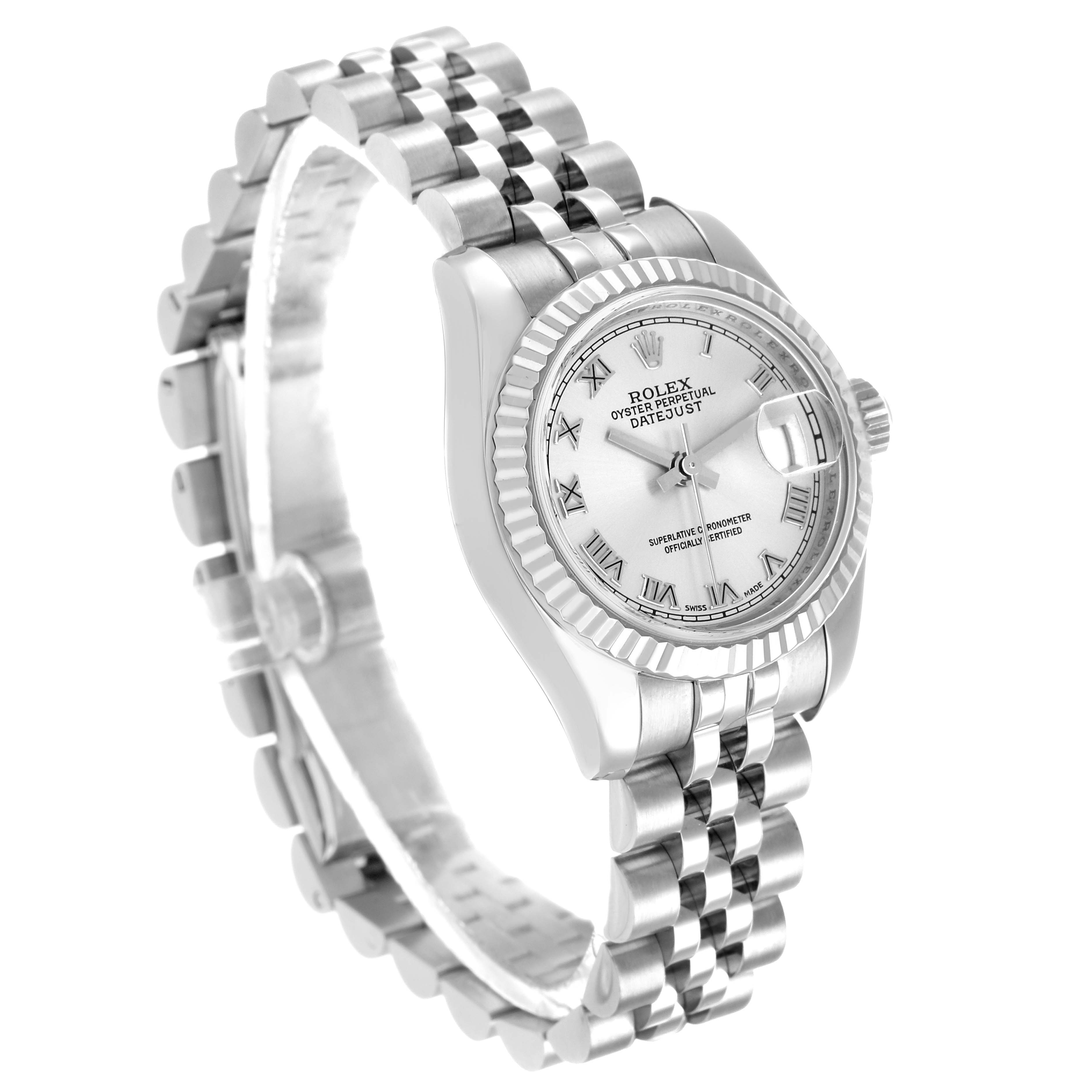 The Rolex Datejust 179174 Women's Stainless Steel Silver Dial watch is shown at an angle highlighting the face, bracelet, and bezel, with a focus on its dial and markers.