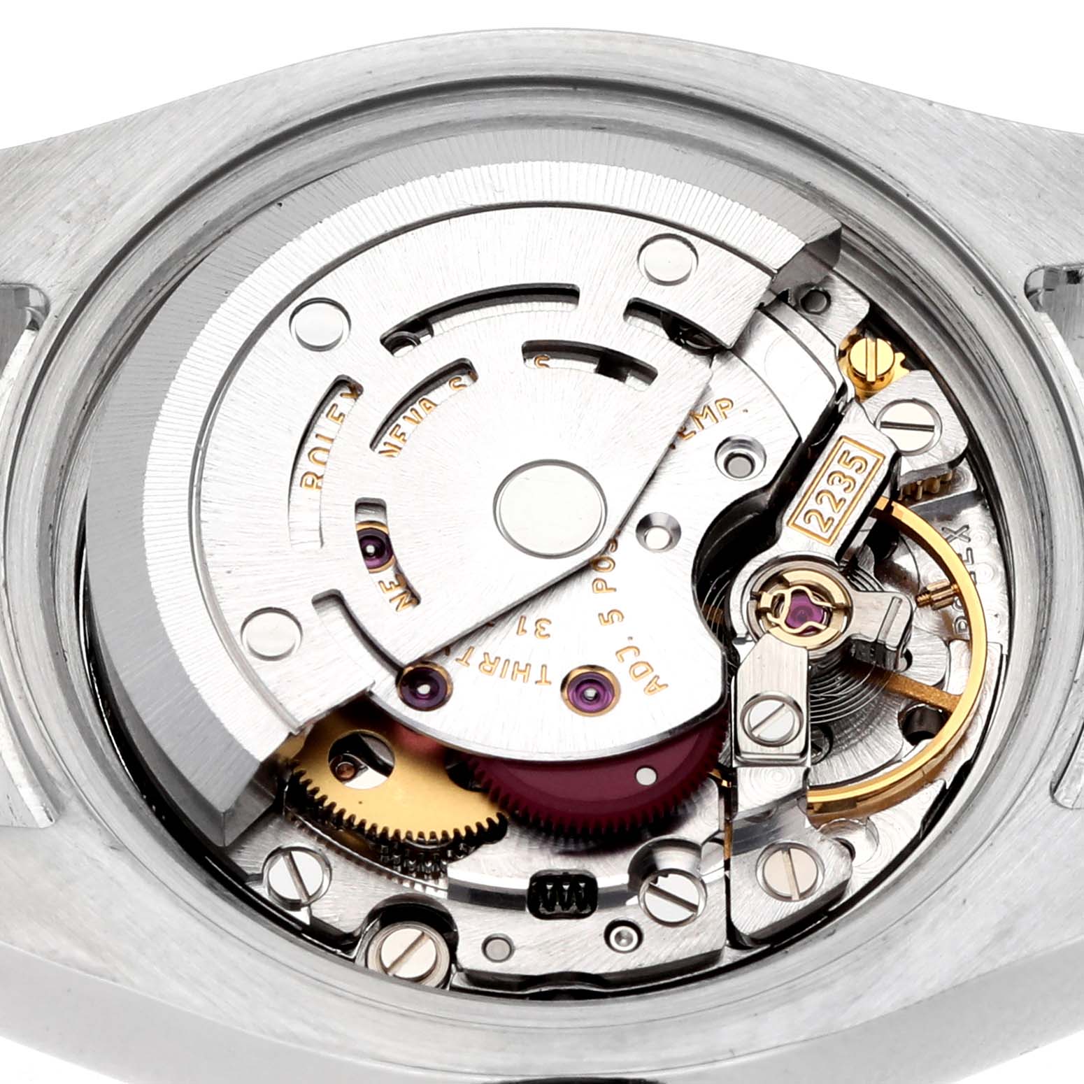 The image shows the movement of a Rolex Datejust 179174 Women's Stainless Steel Silver Dial watch from a top-down angle, revealing internal mechanical components.