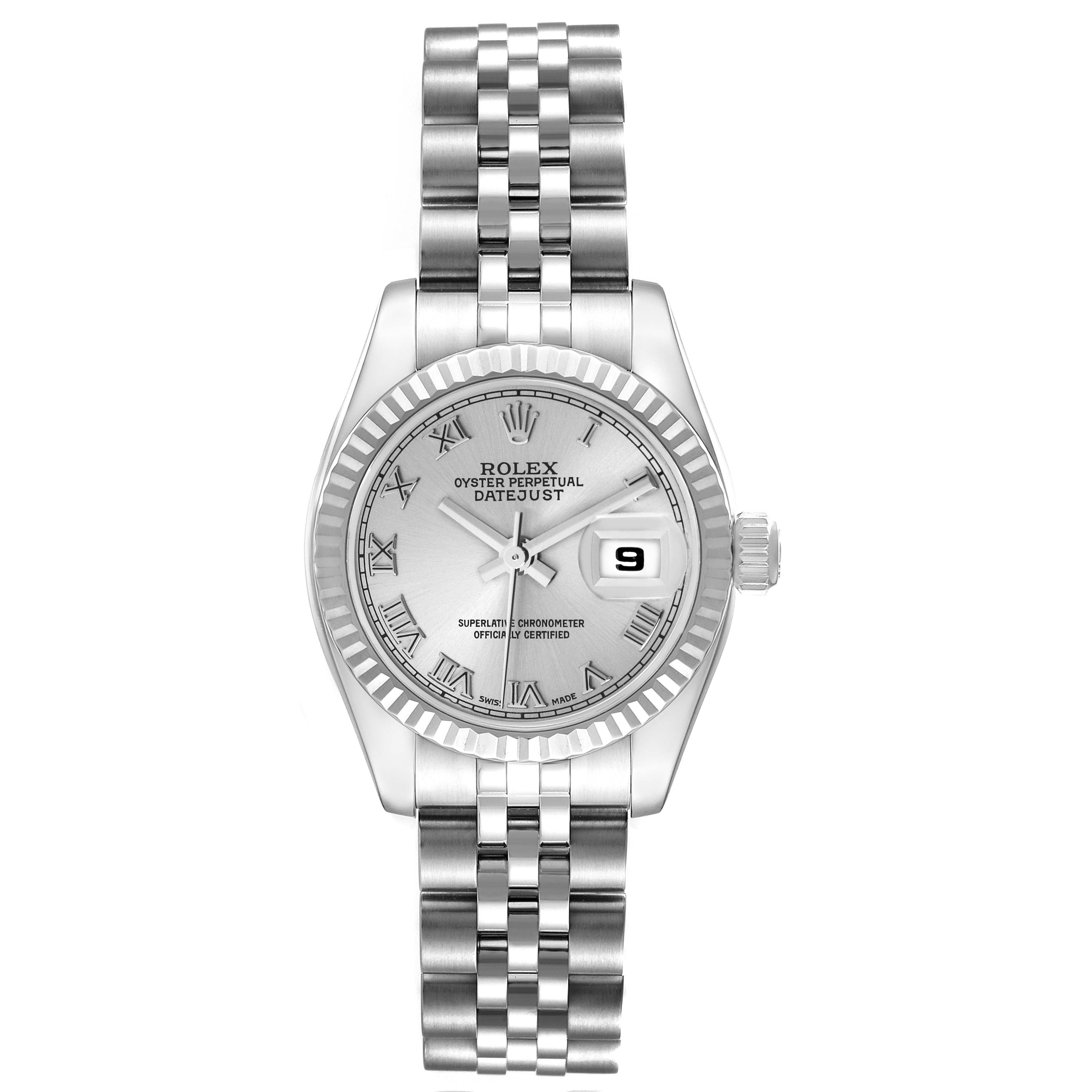 The Rolex Datejust 179174 Women's Stainless Steel Silver Dial watch is shown from the front, displaying the dial, case, bracelet, and date window.