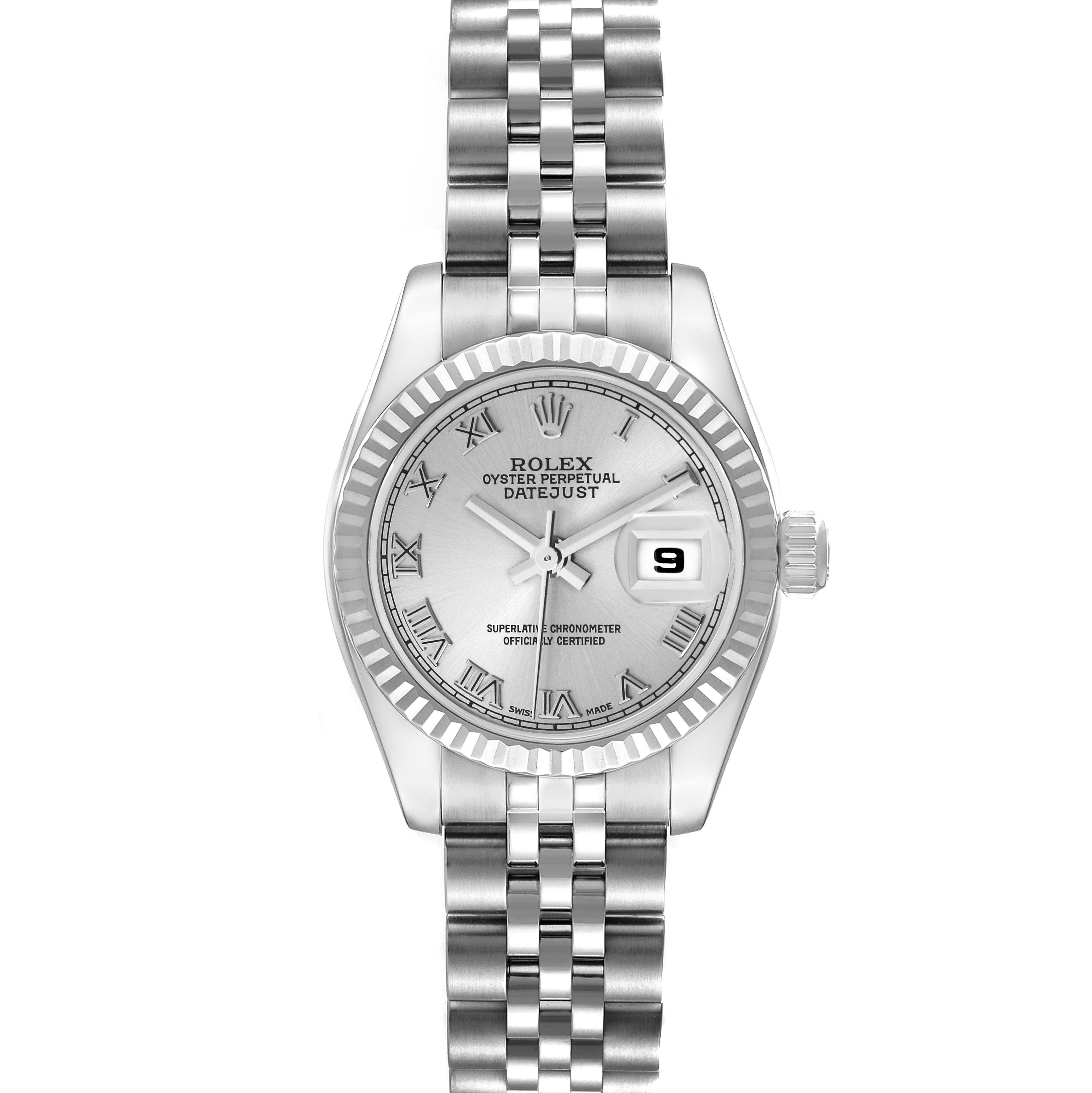 The Rolex Datejust 179174 Women's Stainless Steel Silver Dial watch is shown from a top angle, displaying the face, bezel, and bracelet.