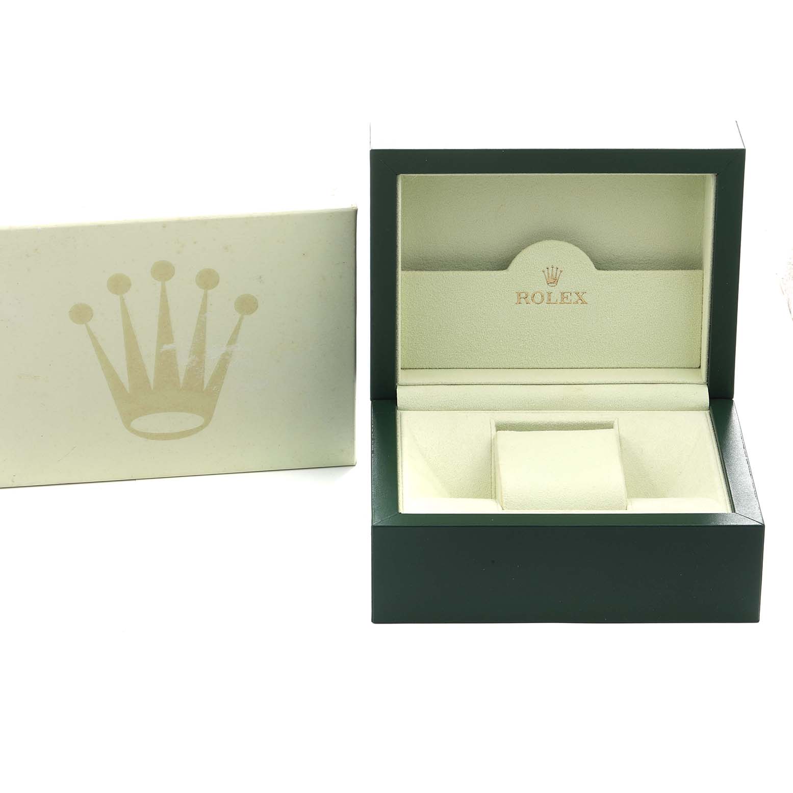 The image shows an open Rolex Datejust 179174 Women's Stainless Steel Silver Dial watch box and outer box at an angle, with the brand logo visible.