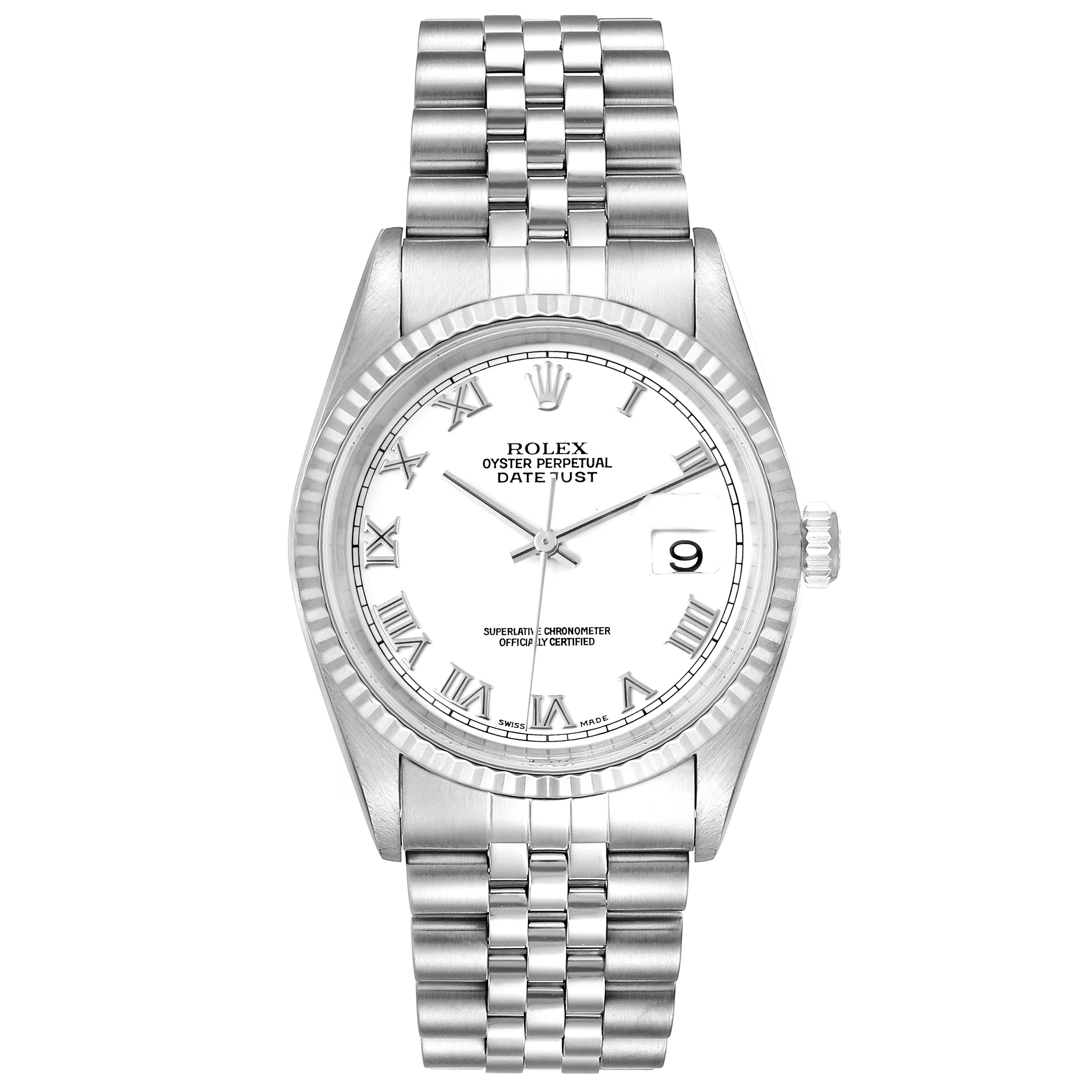 This image shows a Rolex Datejust 16234 Men's Stainless Steel White Dial 16234 Men's Stainless Steel White Dial watch from a front angle, highlighting its dial, bezel, bracelet, and crown.