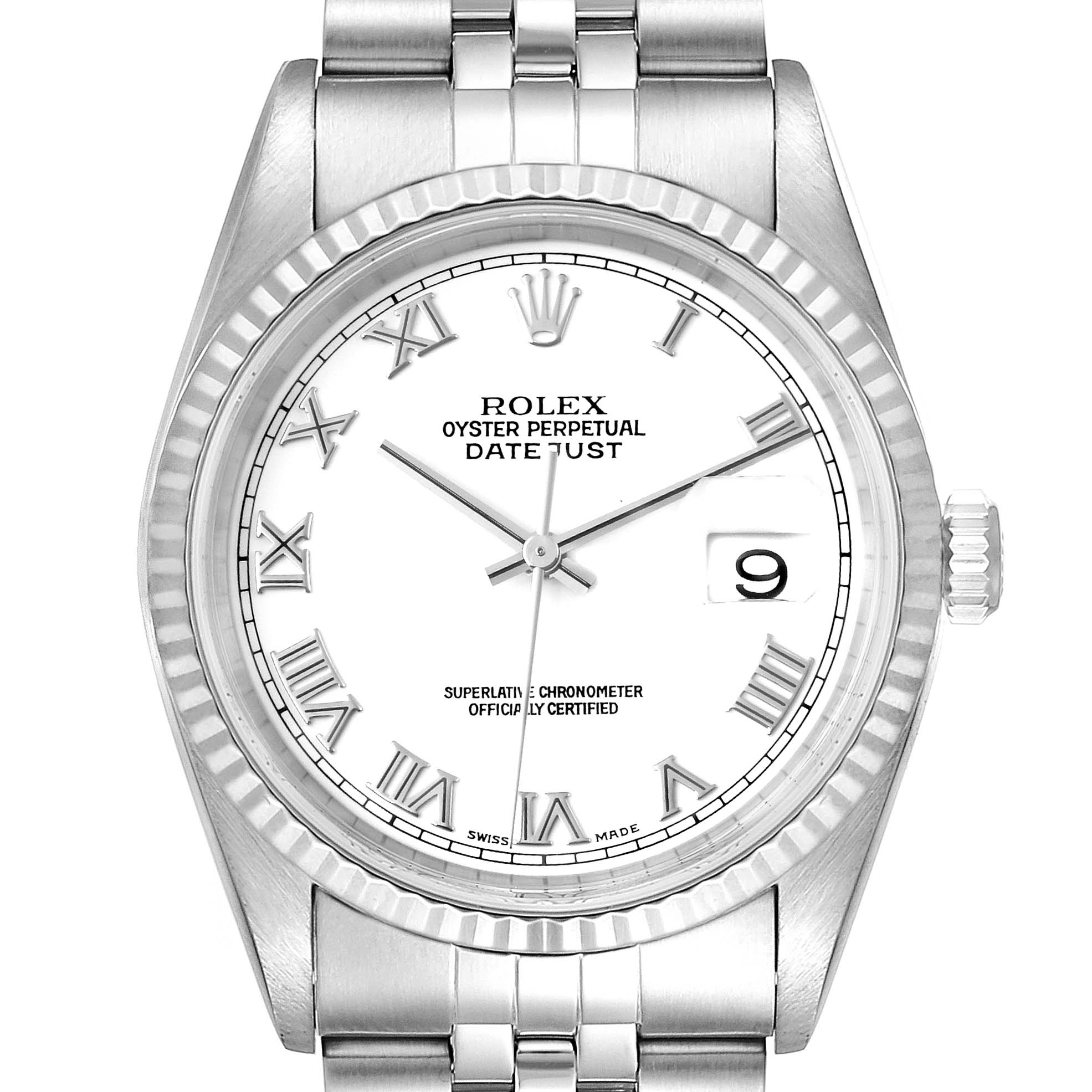 This image shows a front view of a Rolex Datejust 16234 Men's Stainless Steel White Dial 16234 Men's Stainless Steel White Dial watch, highlighting the dial, bezel, and bracelet.