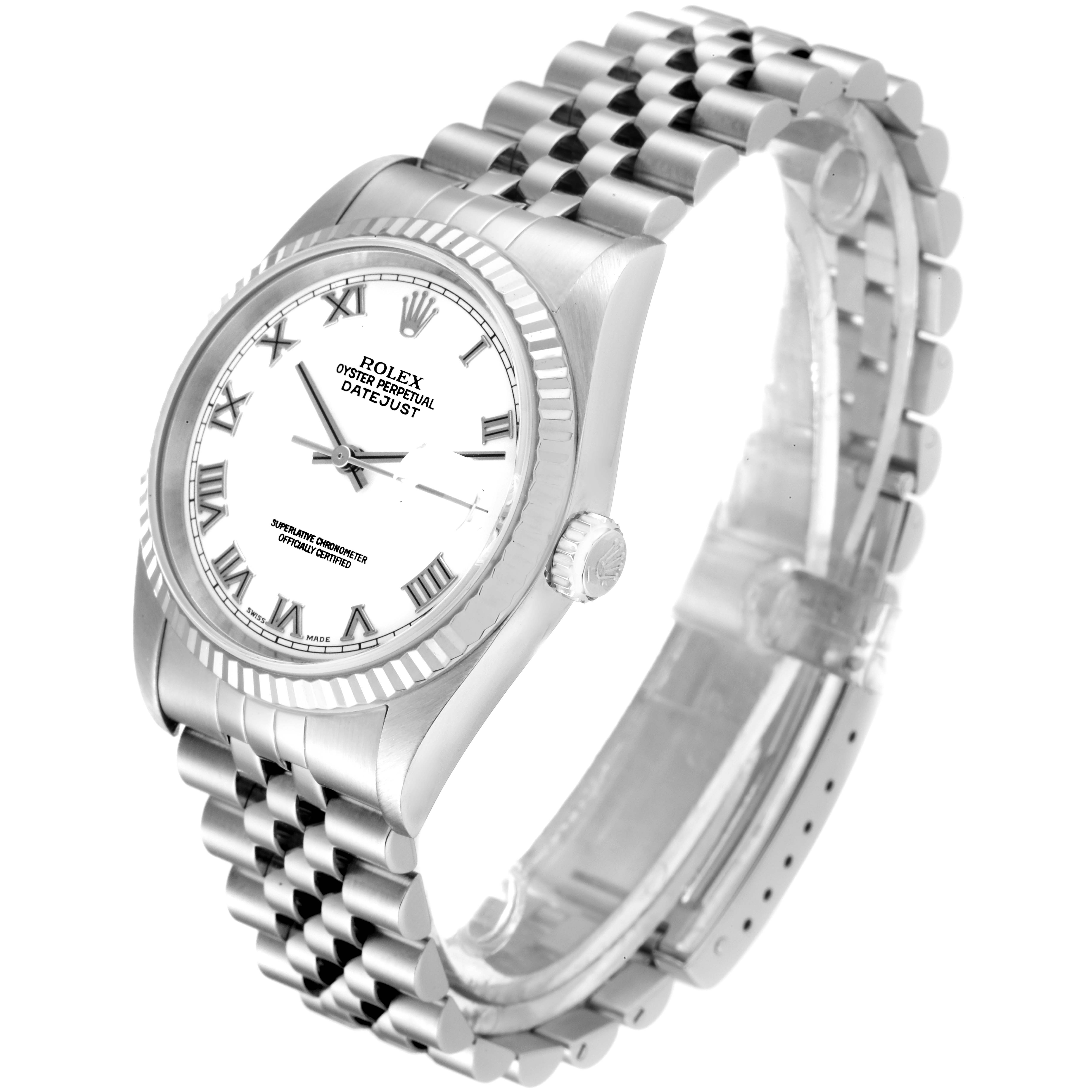 The Rolex Datejust 16234 Men's Stainless Steel White Dial 16234 Men's Stainless Steel White Dial watch is shown at a side angle displaying the dial, crown, and Jubilee bracelet.