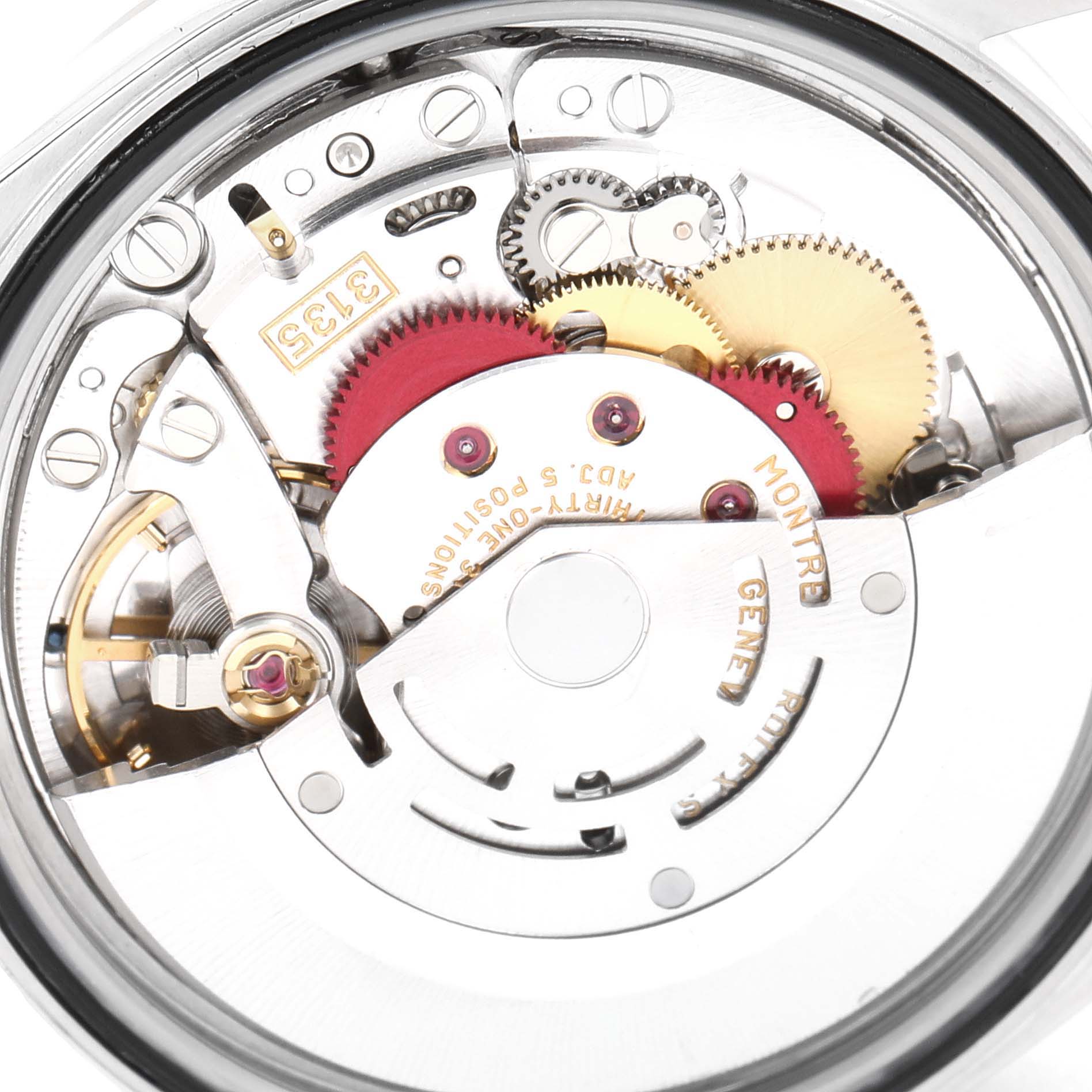 The image shows an up-close view of the movement inside a Rolex Datejust 16234 Men's Stainless Steel White Dial 16234 Men's Stainless Steel White Dial watch, revealing the gears and components.