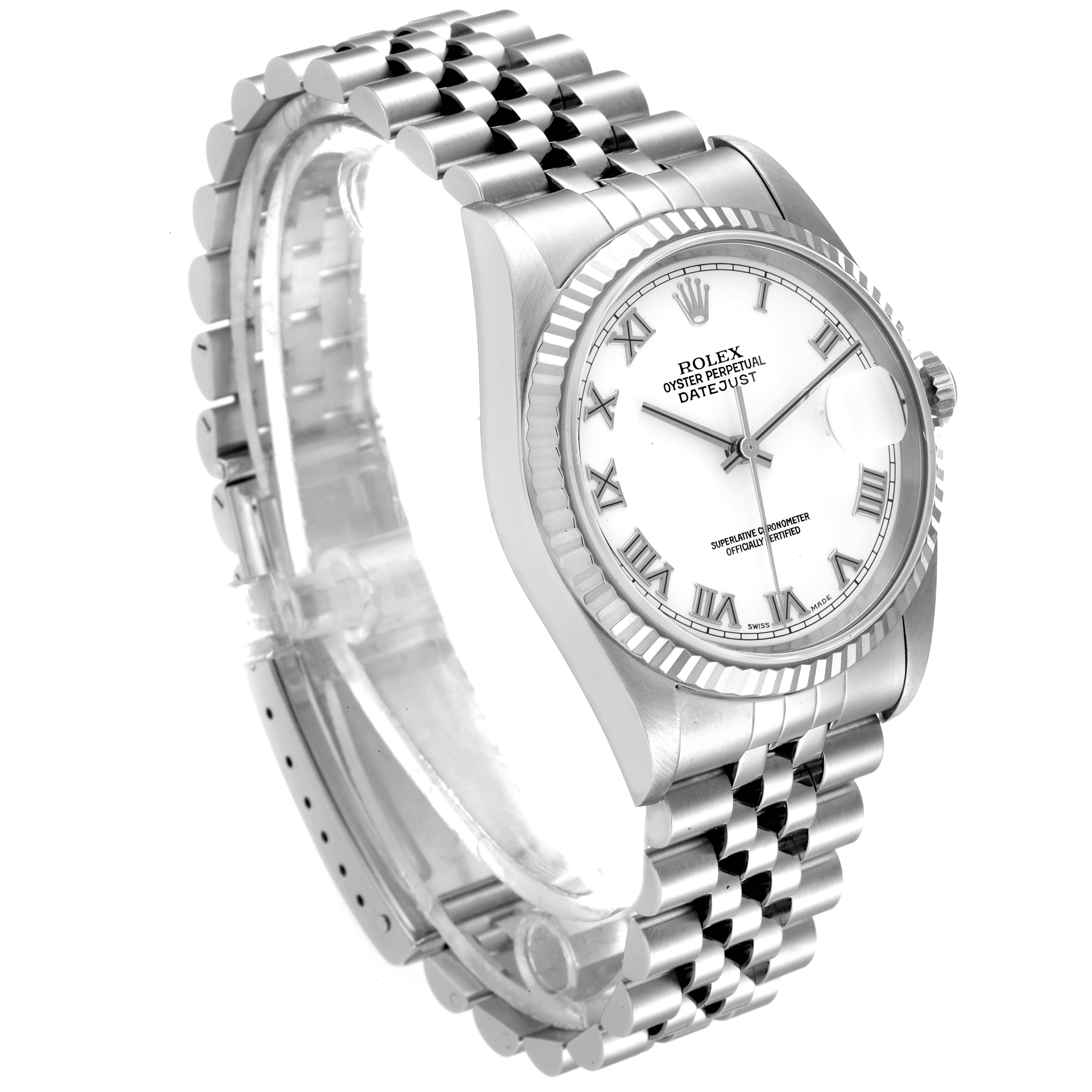 This Rolex Datejust 16234 Men's Stainless Steel White Dial 16234 Men's Stainless Steel White Dial watch is shown at a three-quarter angle, highlighting the face, bezel, and Jubilee bracelet.