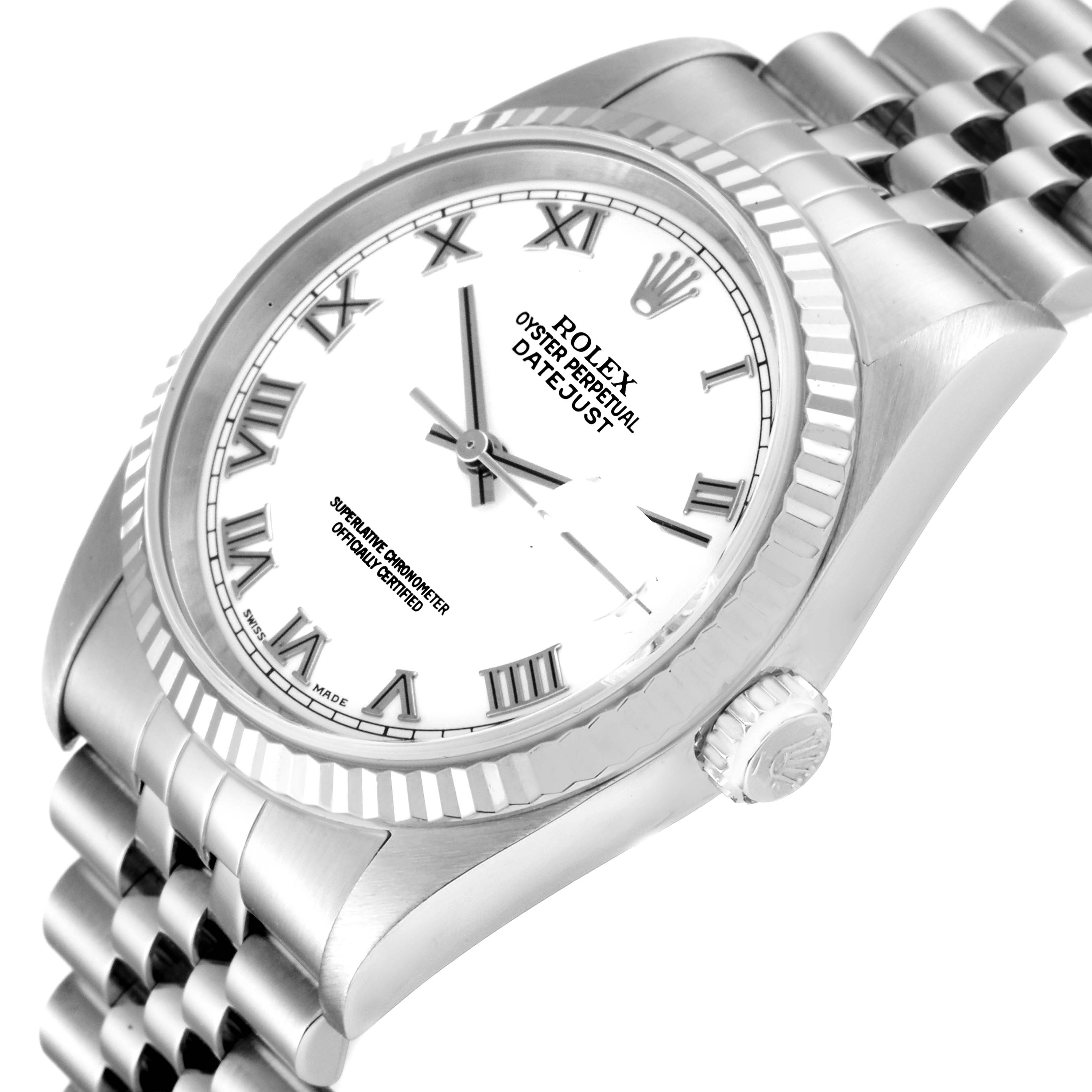 The image shows a close-up, angled view of a Rolex Datejust 16234 Men's Stainless Steel White Dial 16234 Men's Stainless Steel White Dial watch, highlighting the dial, bezel, crown, and bracelet.