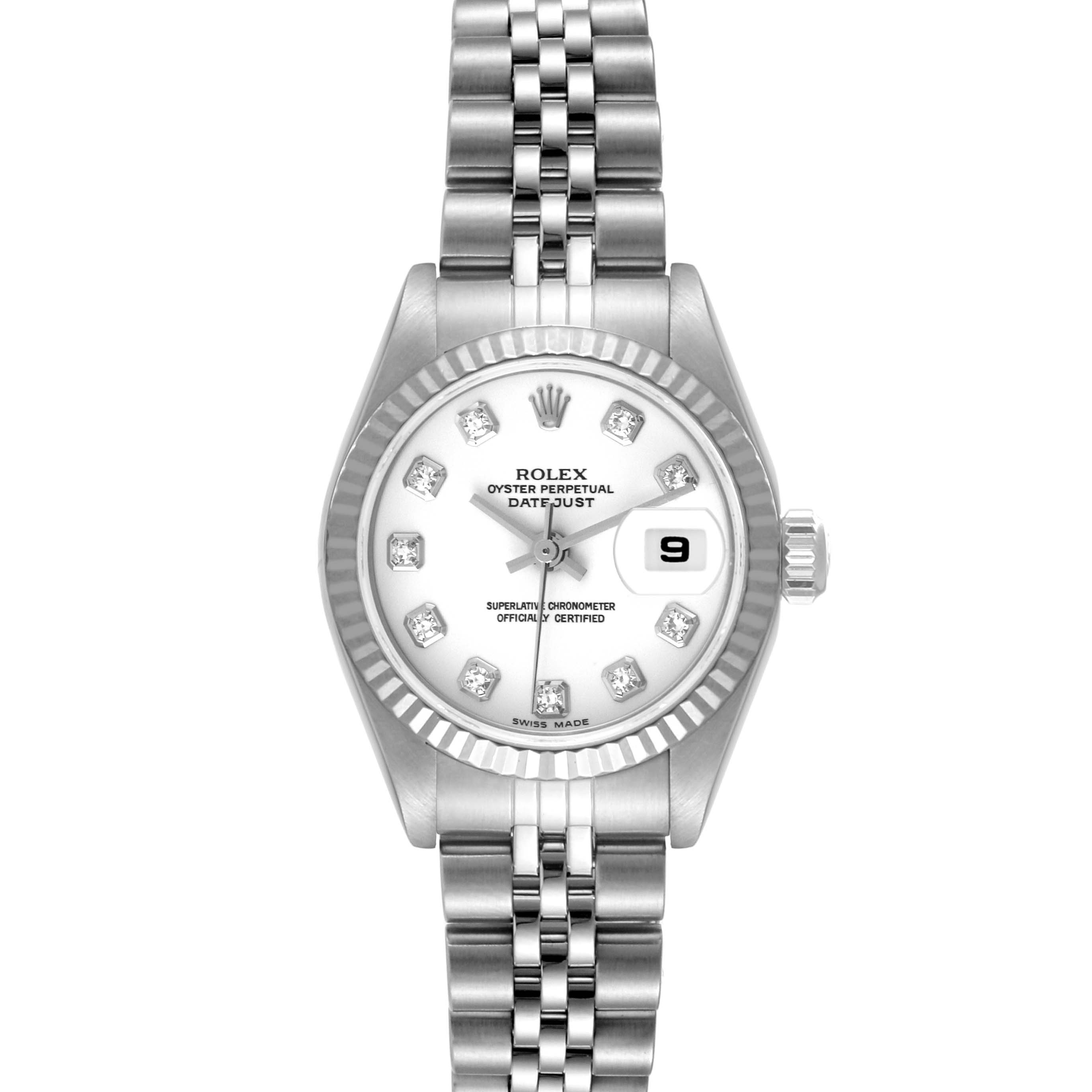 This is a front view of the Rolex Datejust 79174 Women's Stainless Steel White Dial 79174 Women's Stainless Steel White Dial watch, showing the dial, bezel, crown, and part of the bracelet.