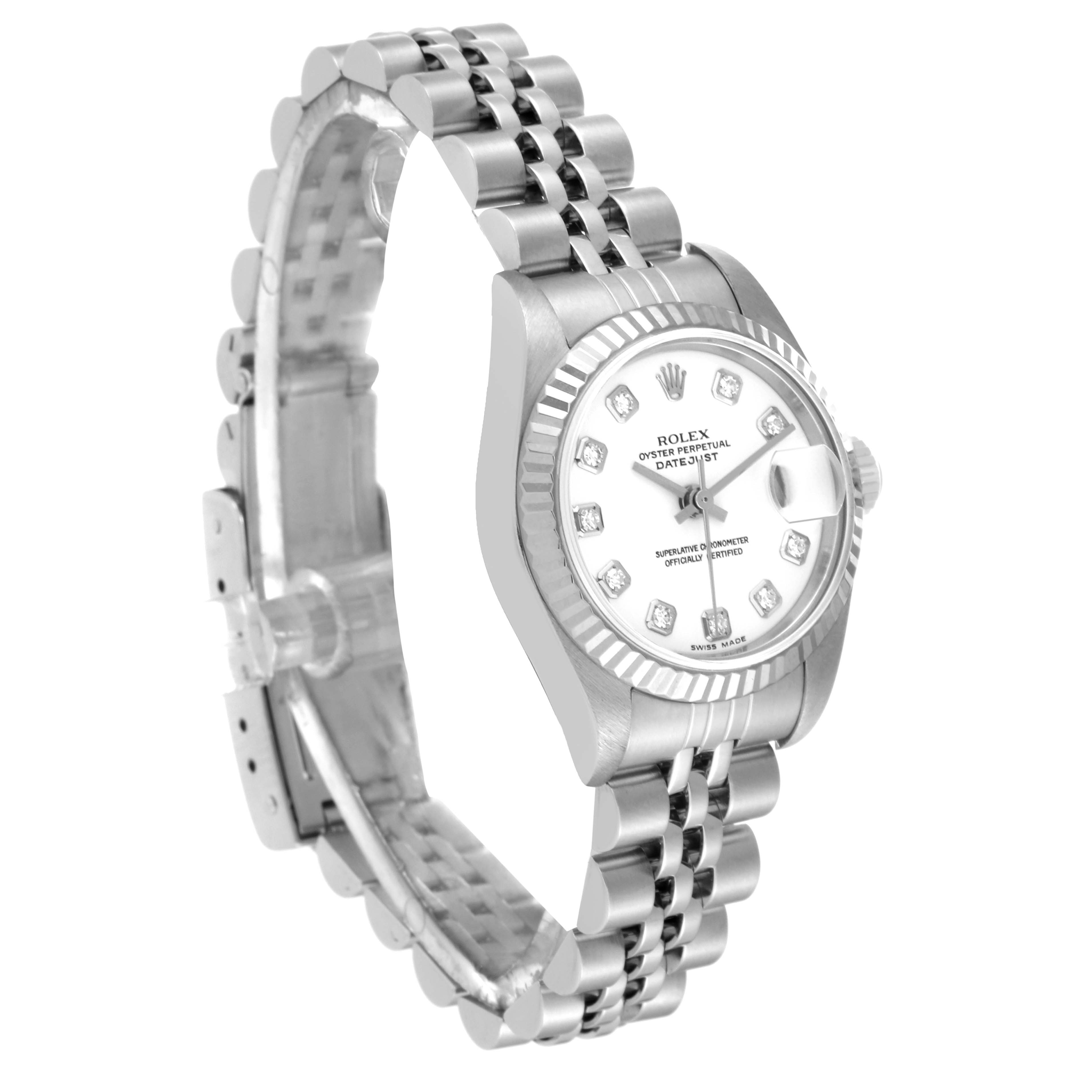 The image shows a Rolex Datejust 79174 Women's Stainless Steel White Dial 79174 Women's Stainless Steel White Dial watch at a three-quarter angle, displaying its face, bezel, and bracelet.