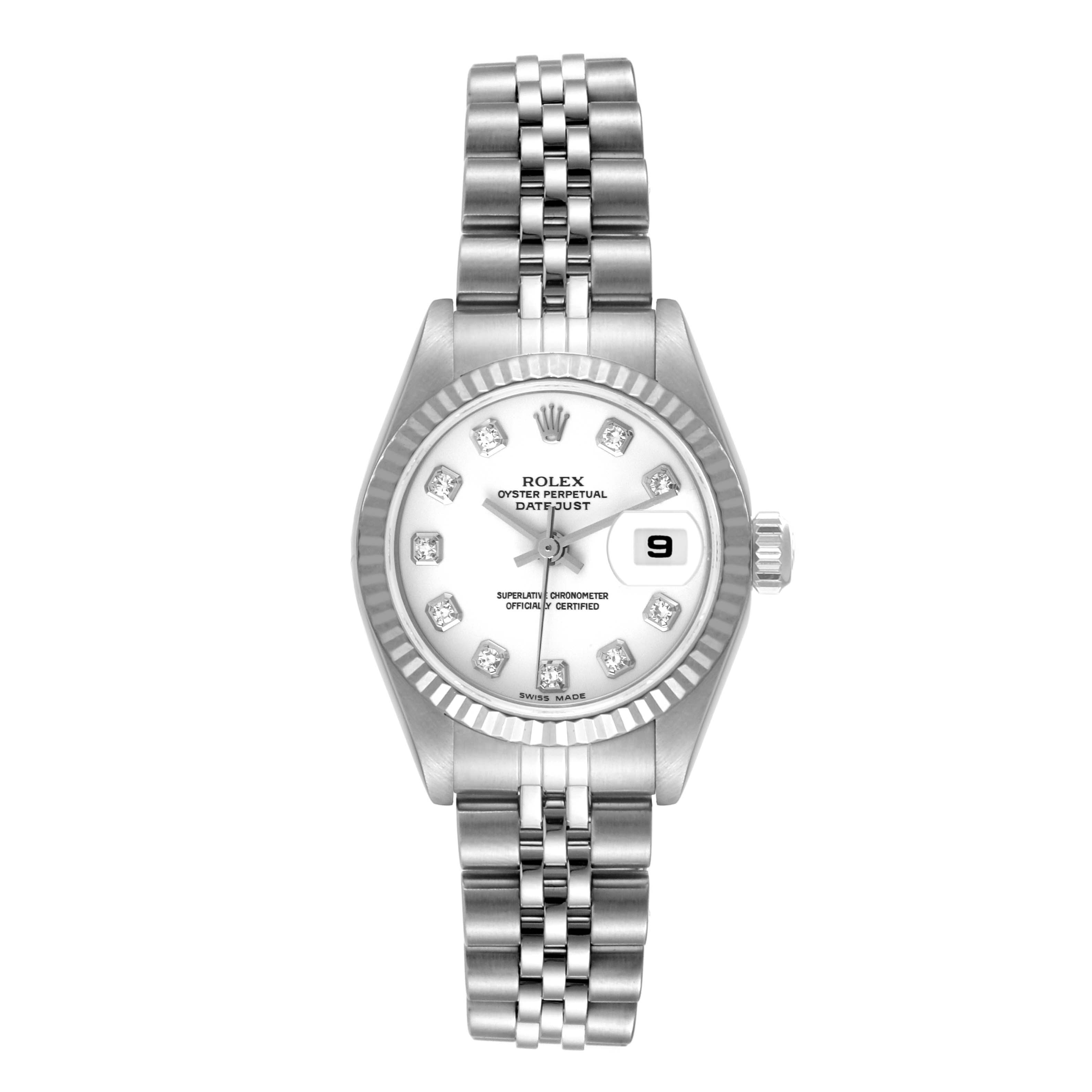This image shows a Rolex Datejust 79174 Women's Stainless Steel White Dial 79174 Women's Stainless Steel White Dial watch from a top-down view, highlighting the dial, bezel, and bracelet.