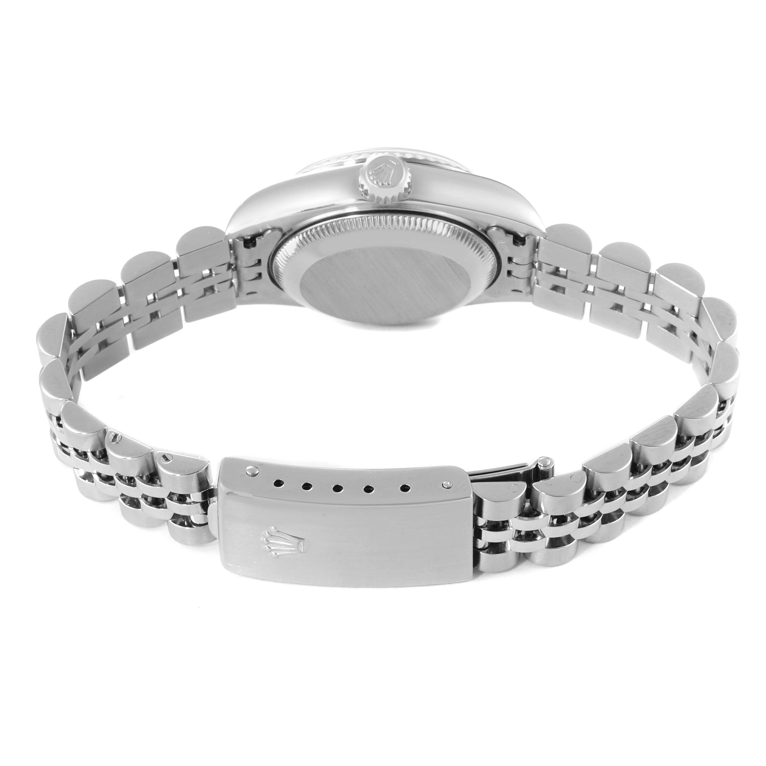 The image shows the back view of a Rolex Datejust 79174 Women's Stainless Steel White Dial 79174 Women's Stainless Steel White Dial watch, highlighting the clasp, bracelet, and case back.