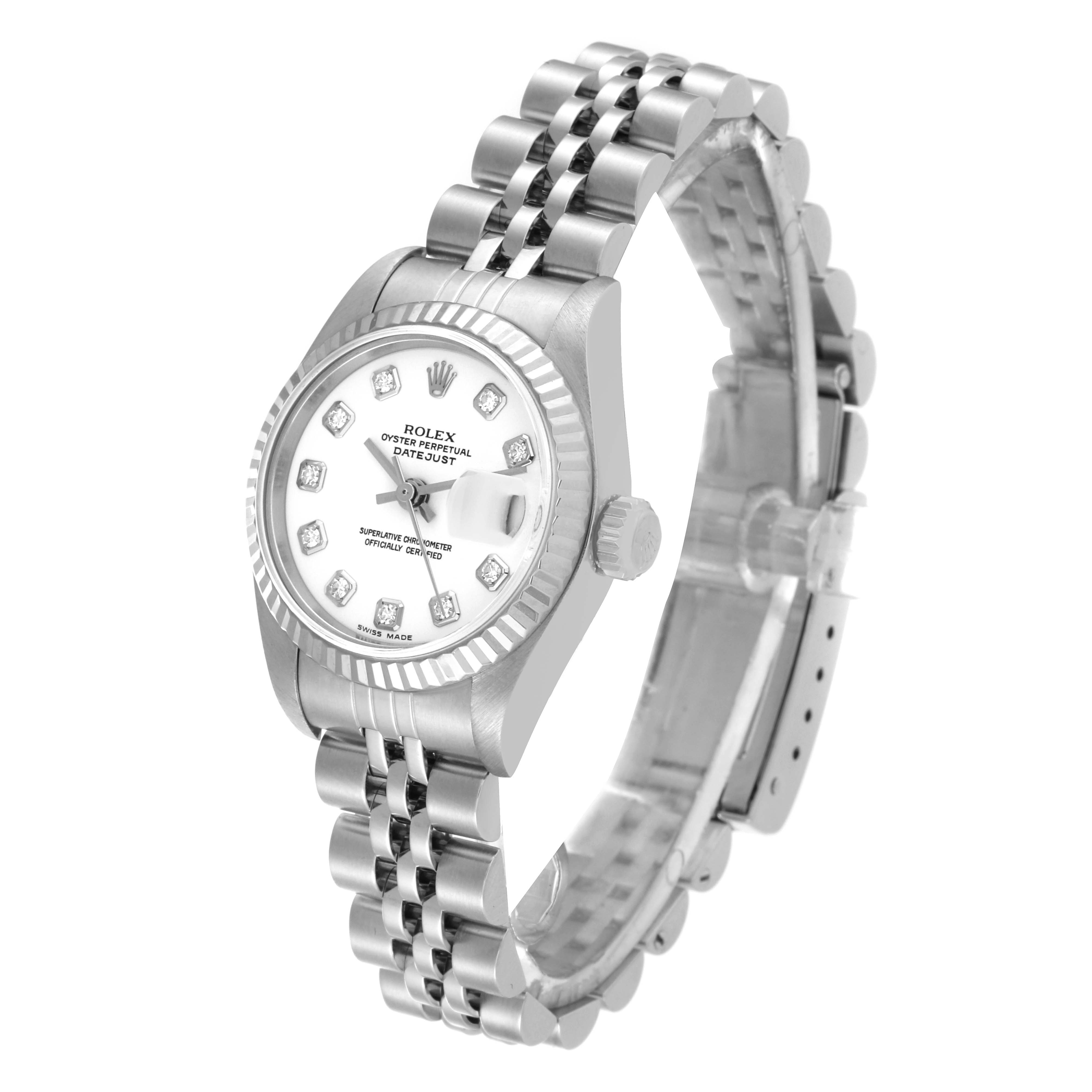 The image shows a Rolex Datejust 79174 Women's Stainless Steel White Dial 79174 Women's Stainless Steel White Dial watch from a slightly angled top view, highlighting its dial, bezel, case, crown, and bracelet.
