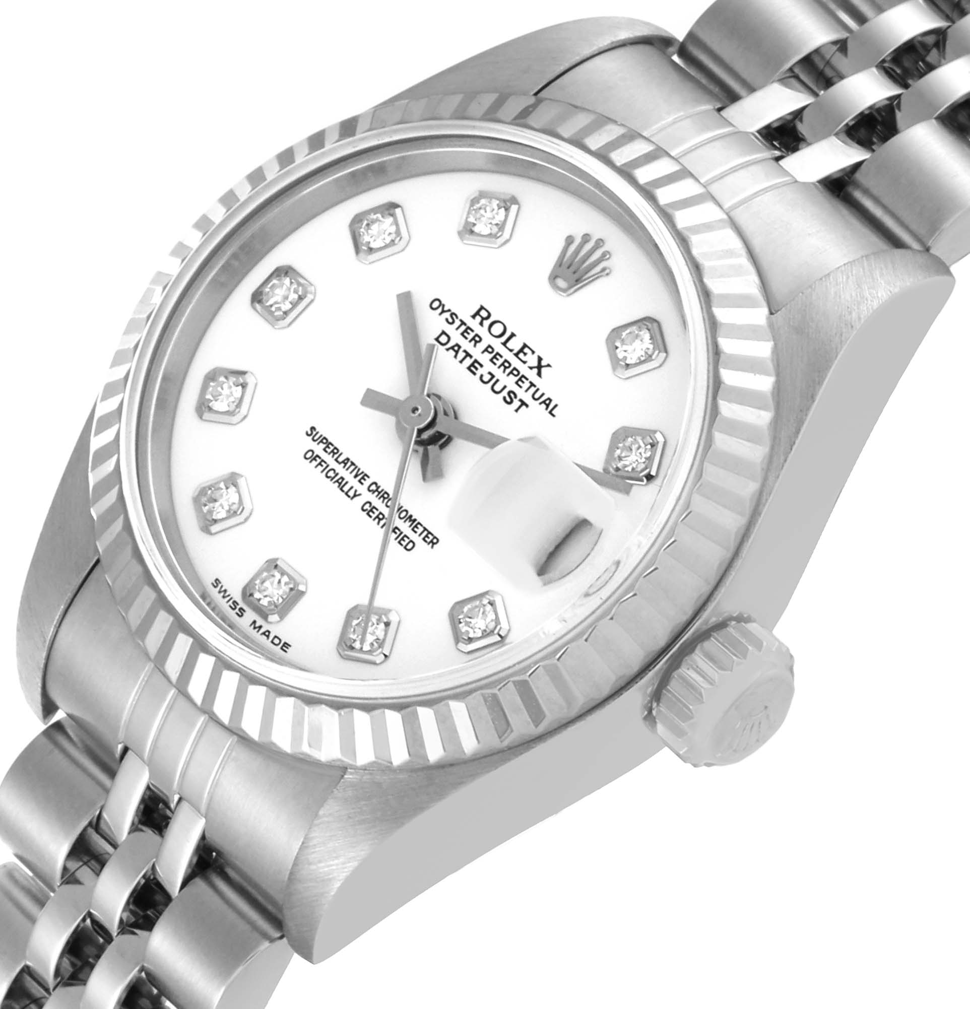 The Rolex Datejust 79174 Women's Stainless Steel White Dial 79174 Women's Stainless Steel White Dial watch is shown from an angled view, displaying the dial, crown, and part of the bracelet.