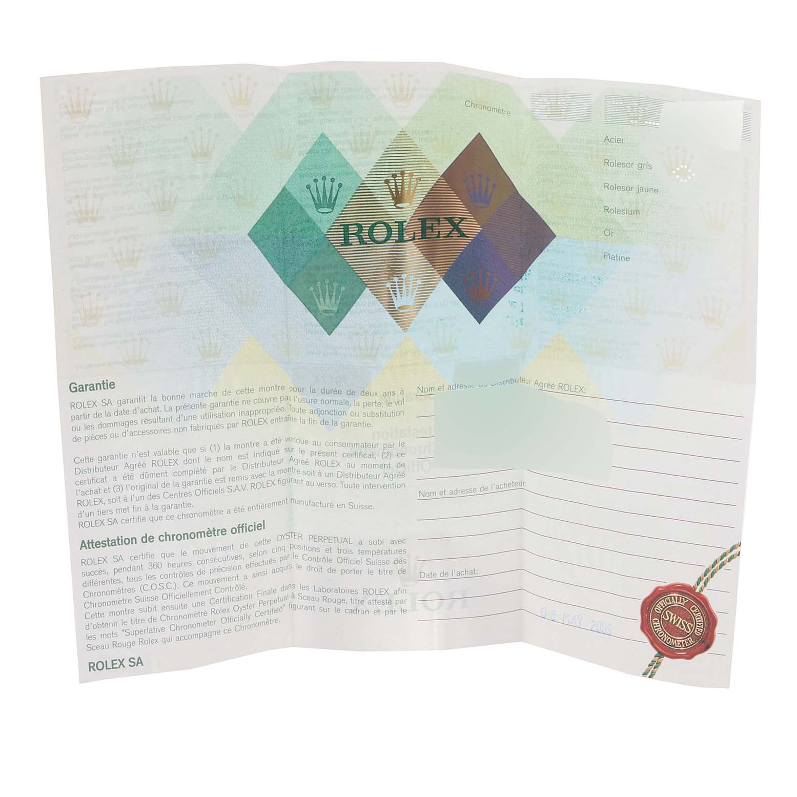 The image shows a warranty card for the Rolex Datejust 79174 Women's Stainless Steel White Dial 79174 Women's Stainless Steel White Dial model, displaying brand information and purchase details.