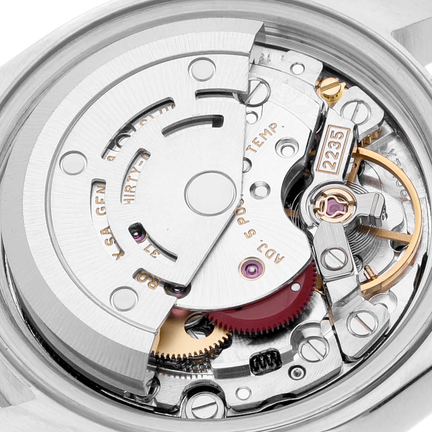 The image shows the internal movement mechanism of the Rolex Datejust 79174 Women's Stainless Steel White Dial 79174 Women's Stainless Steel White Dial watch at a close-up angle.