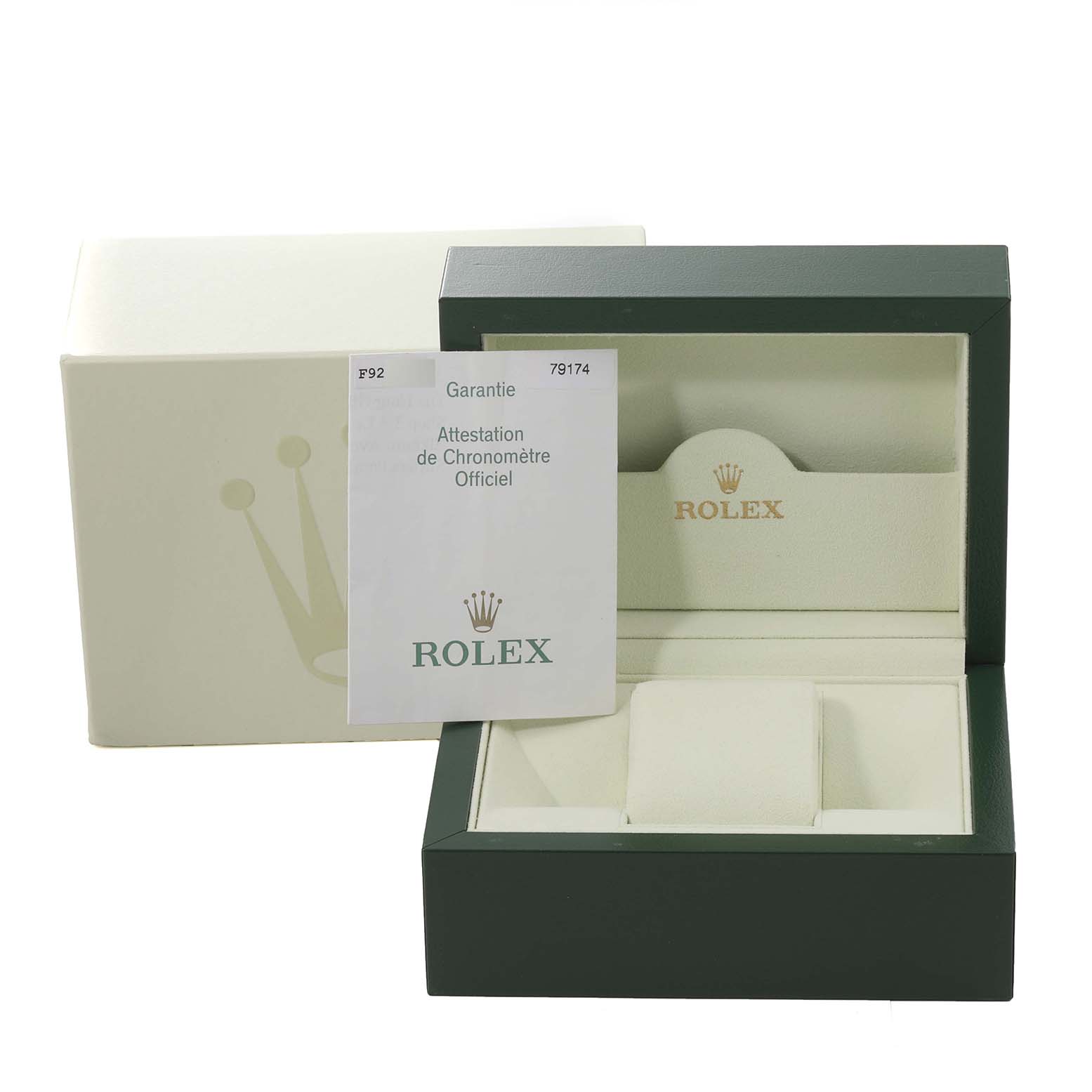 The image shows the box and certification for a Rolex Datejust 79174 Women's Stainless Steel White Dial 79174 Women's Stainless Steel White Dial, displayed from a front angle.