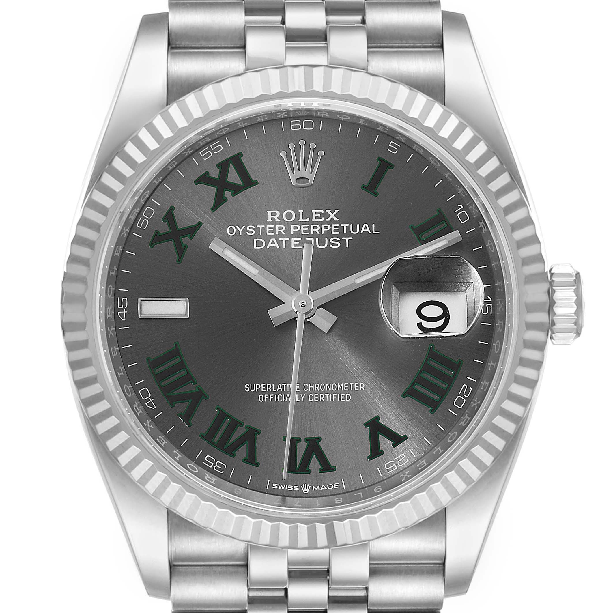 This image shows the front view of a Rolex Datejust 126234 Men's Stainless Steel Grey Dial 126234 Men's Stainless Steel Grey Dial watch featuring a grey dial with Roman numerals, a date display, and a jubilee bracelet.