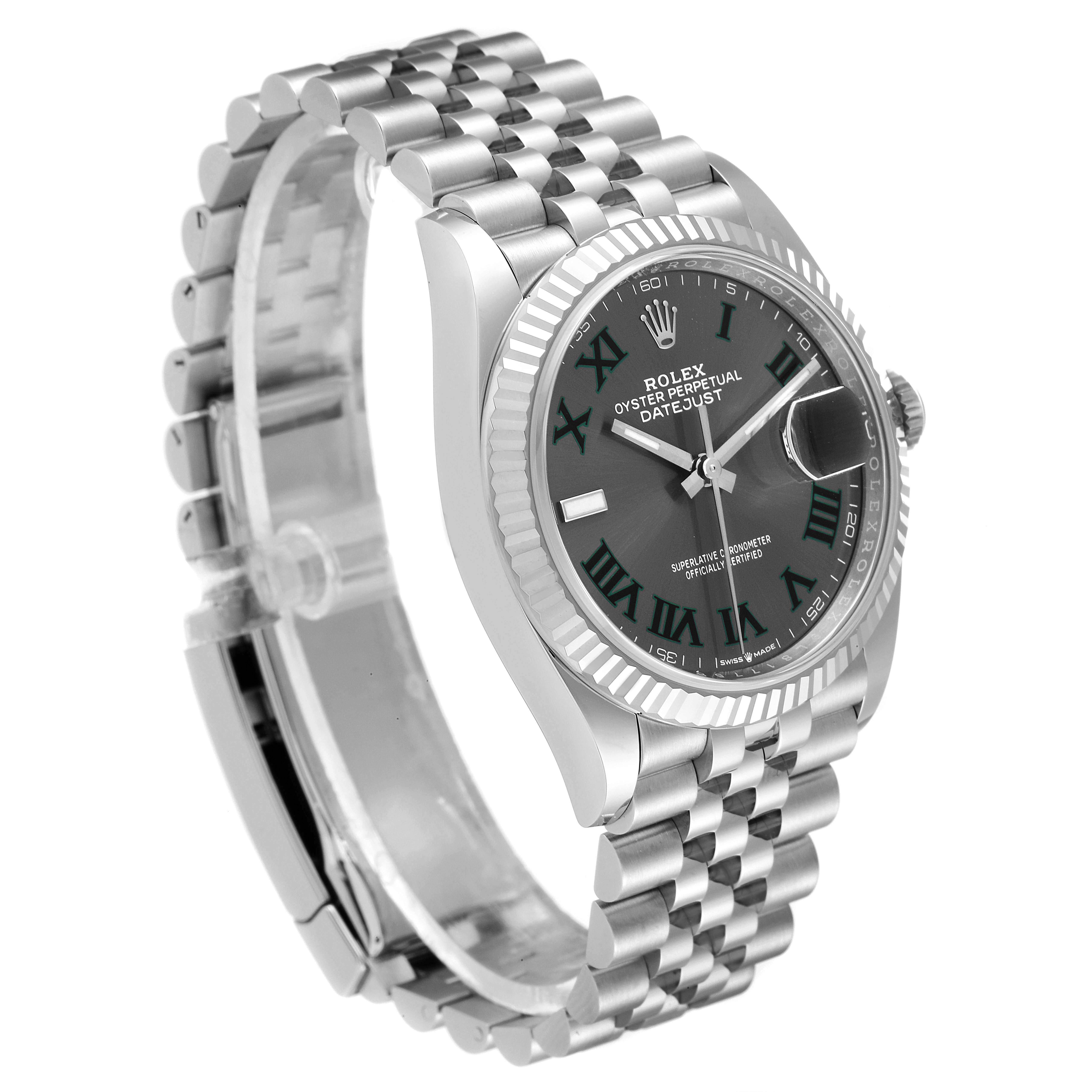 The Rolex Datejust 126234 Men's Stainless Steel Grey Dial 126234 Men's Stainless Steel Grey Dial watch is shown at an angle displaying the face, bezel, crown, and partially open Jubilee bracelet.