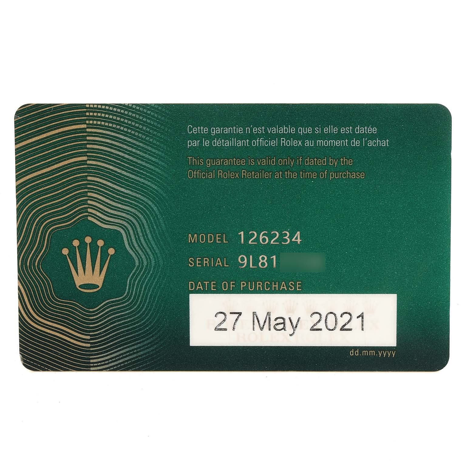 This image shows the green Rolex warranty card for a Datejust model 126234, with a purchase date of 27 May 2021.