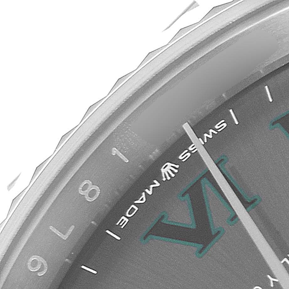 This image shows a close-up of the dial and bezel of the Rolex Datejust 126234 Men's Stainless Steel Grey Dial 126234 Men's Stainless Steel Grey Dial watch, focusing on the "Swiss Made" text and numerals.