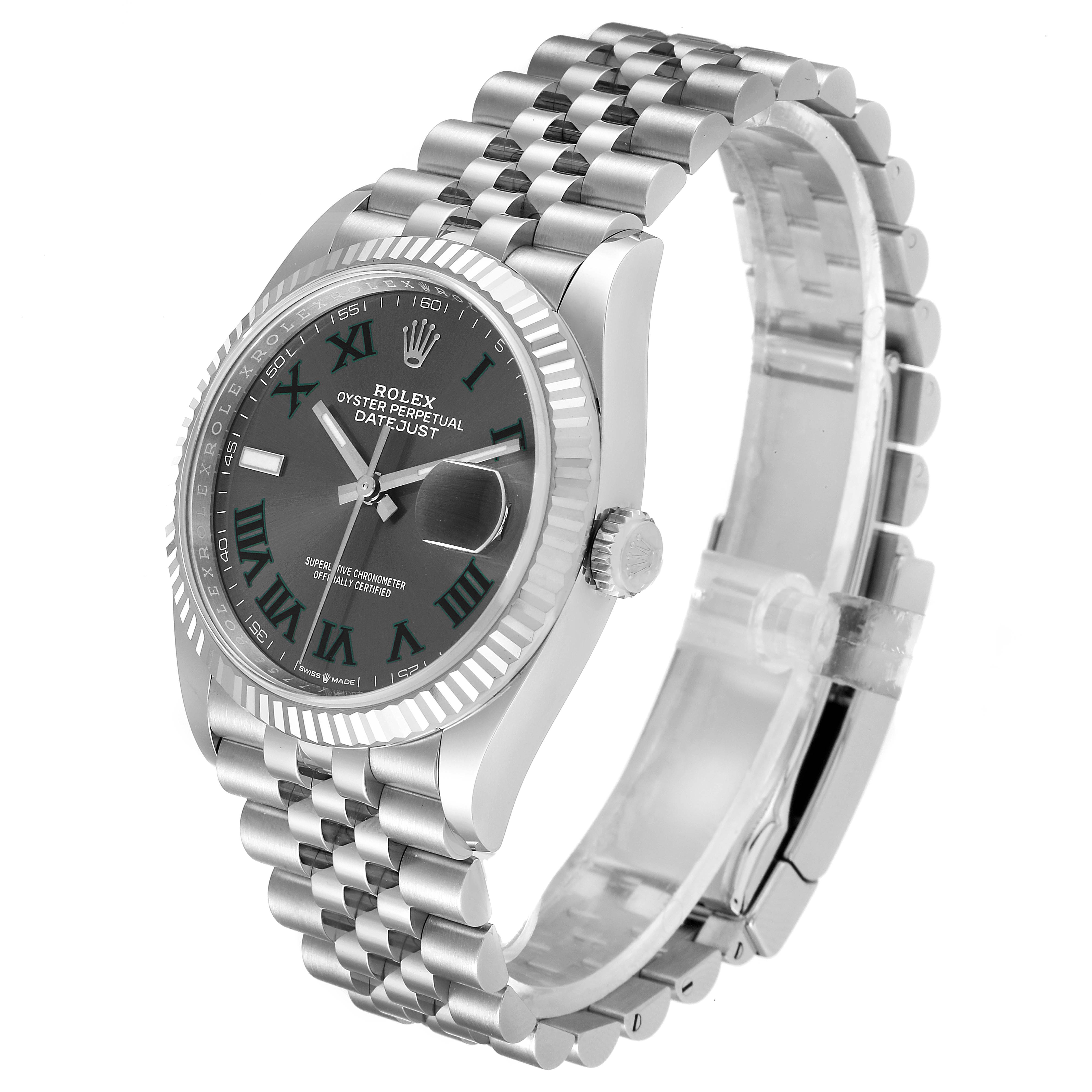 The Rolex Datejust 126234 Men's Stainless Steel Grey Dial 126234 Men's Stainless Steel Grey Dial watch is shown at an angle displaying the face, crown, and bracelet.