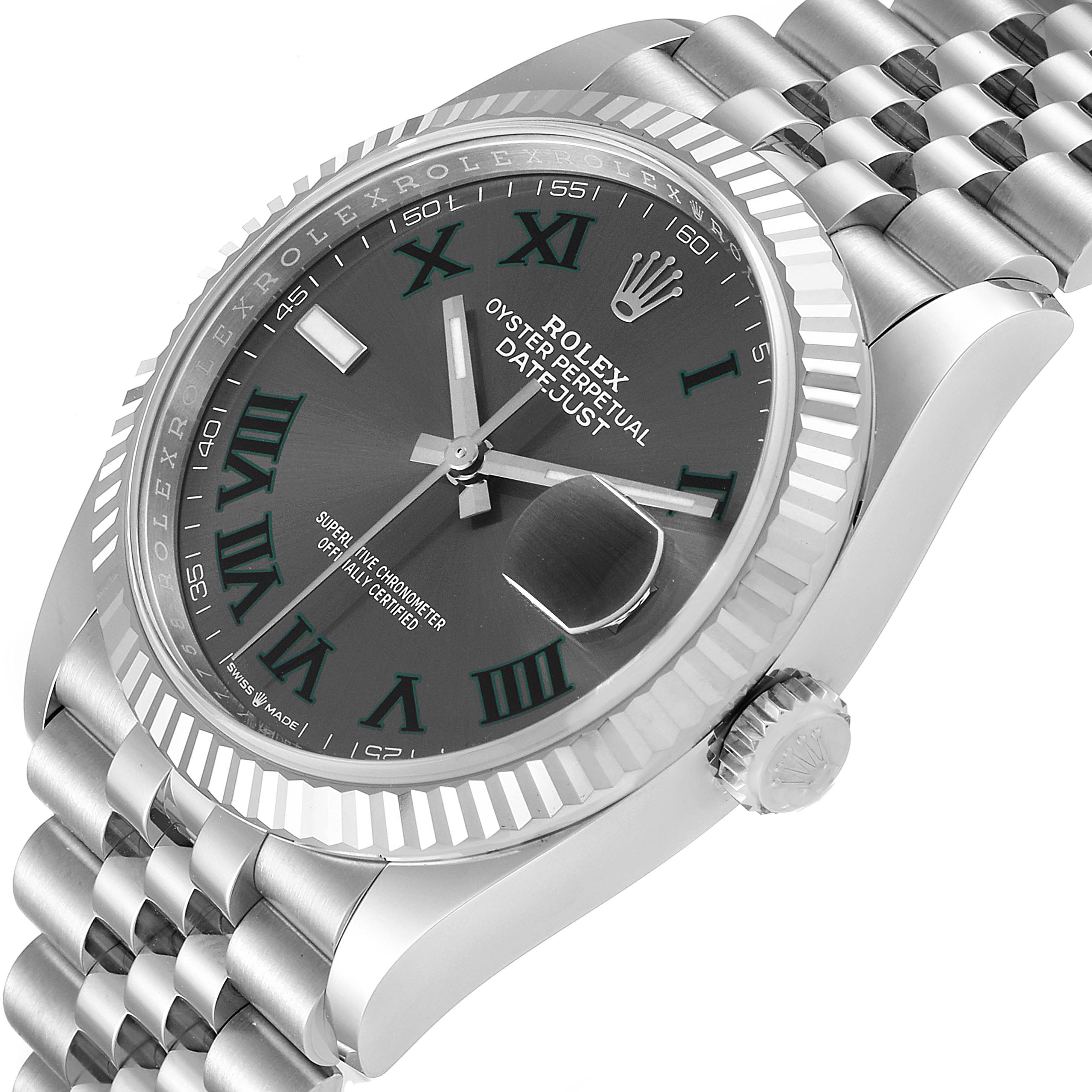 This image shows a Rolex Datejust 126234 Men's Stainless Steel Grey Dial 126234 Men's Stainless Steel Grey Dial watch angled from the side, displaying the face, bezel, crown, and part of the bracelet.