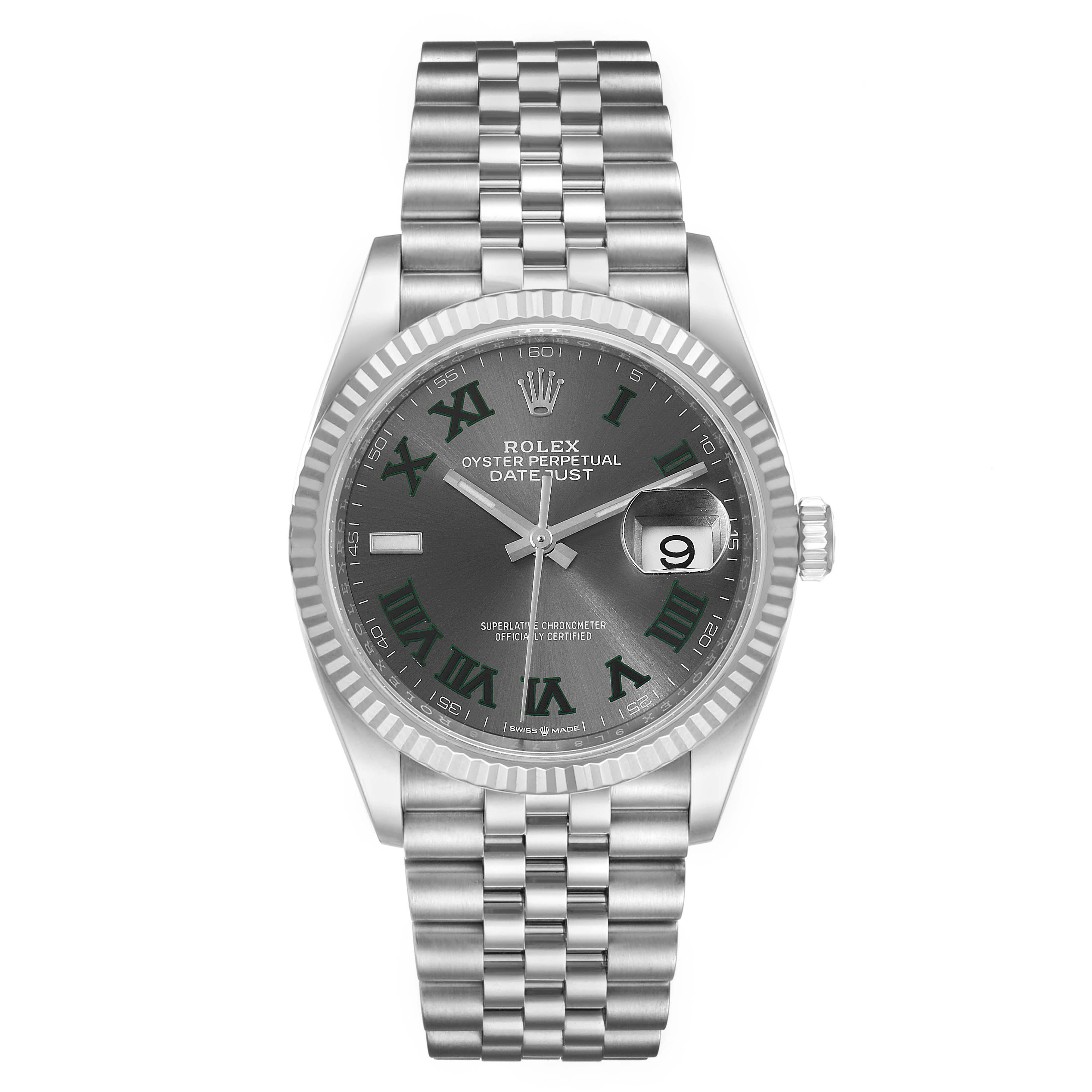 The image shows a front view of a Rolex Datejust 126234 Men's Stainless Steel Grey Dial 126234 Men's Stainless Steel Grey Dial watch, highlighting the dial, bezel, crown, and bracelet.