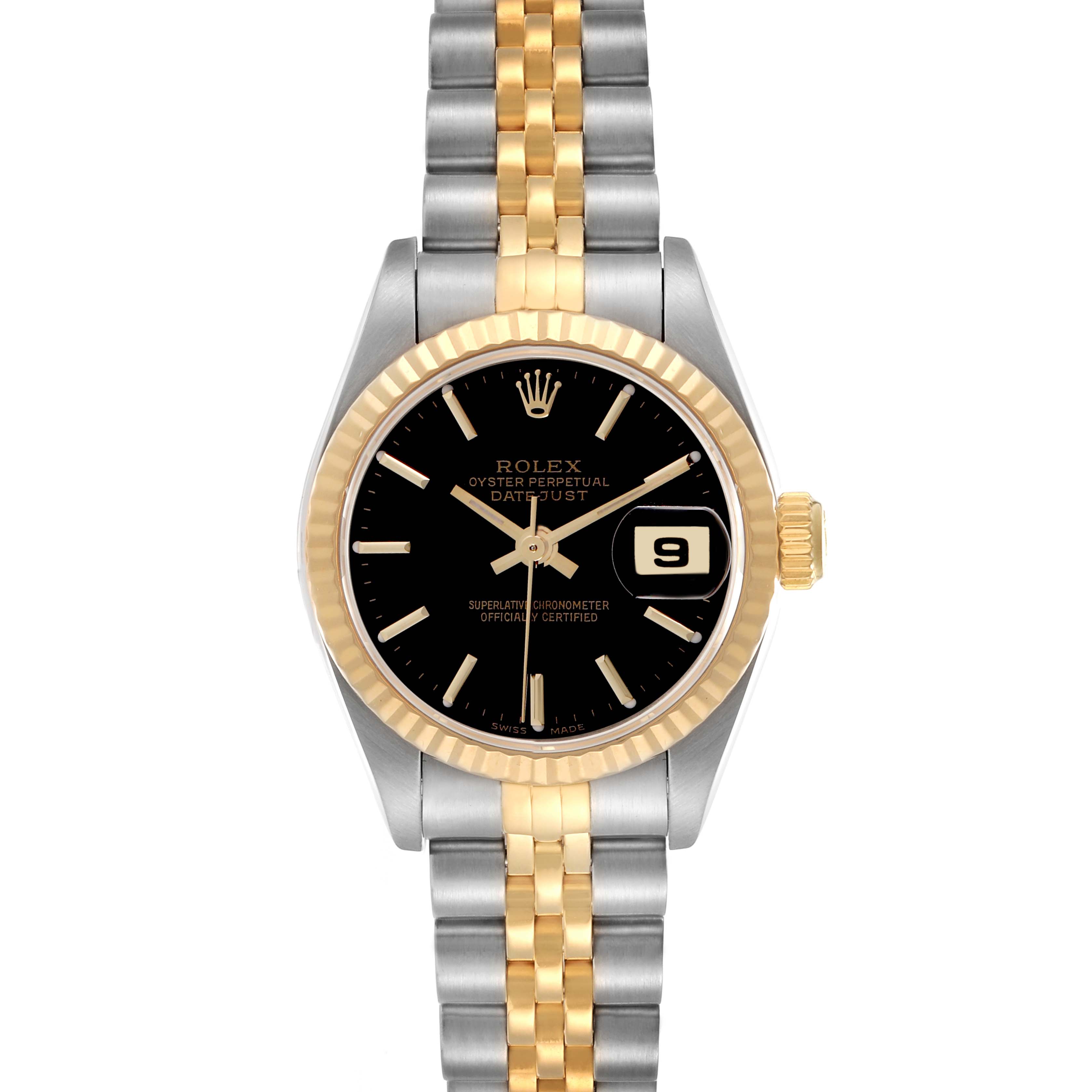 The Rolex Datejust 79173 Women's Steel and Gold (two tone) Black Dial watch is shown from a top view, highlighting the black dial, gold bezel, and two-tone bracelet.