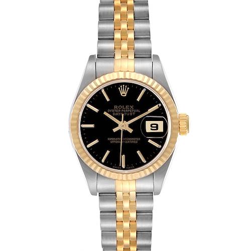 The Rolex Datejust 79173 Women's Steel and Gold (two tone) Black Dial watch is shown from the front, highlighting its black dial, gold fluted bezel, and two-tone bracelet.