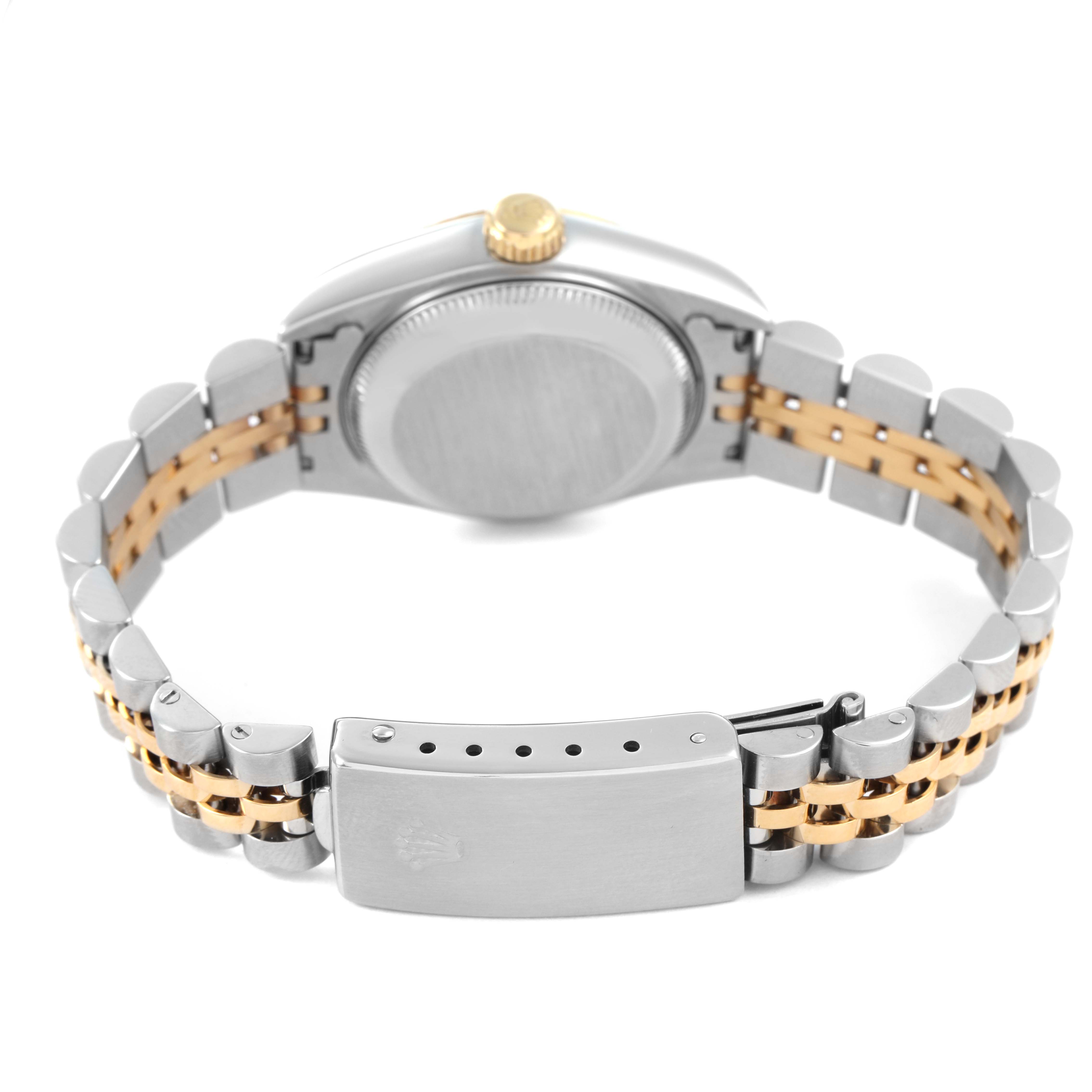 The image shows the case back, clasp, and bracelet of a Rolex Datejust 79173 Women's Steel and Gold (two tone) Black Dial watch from a rear angle.