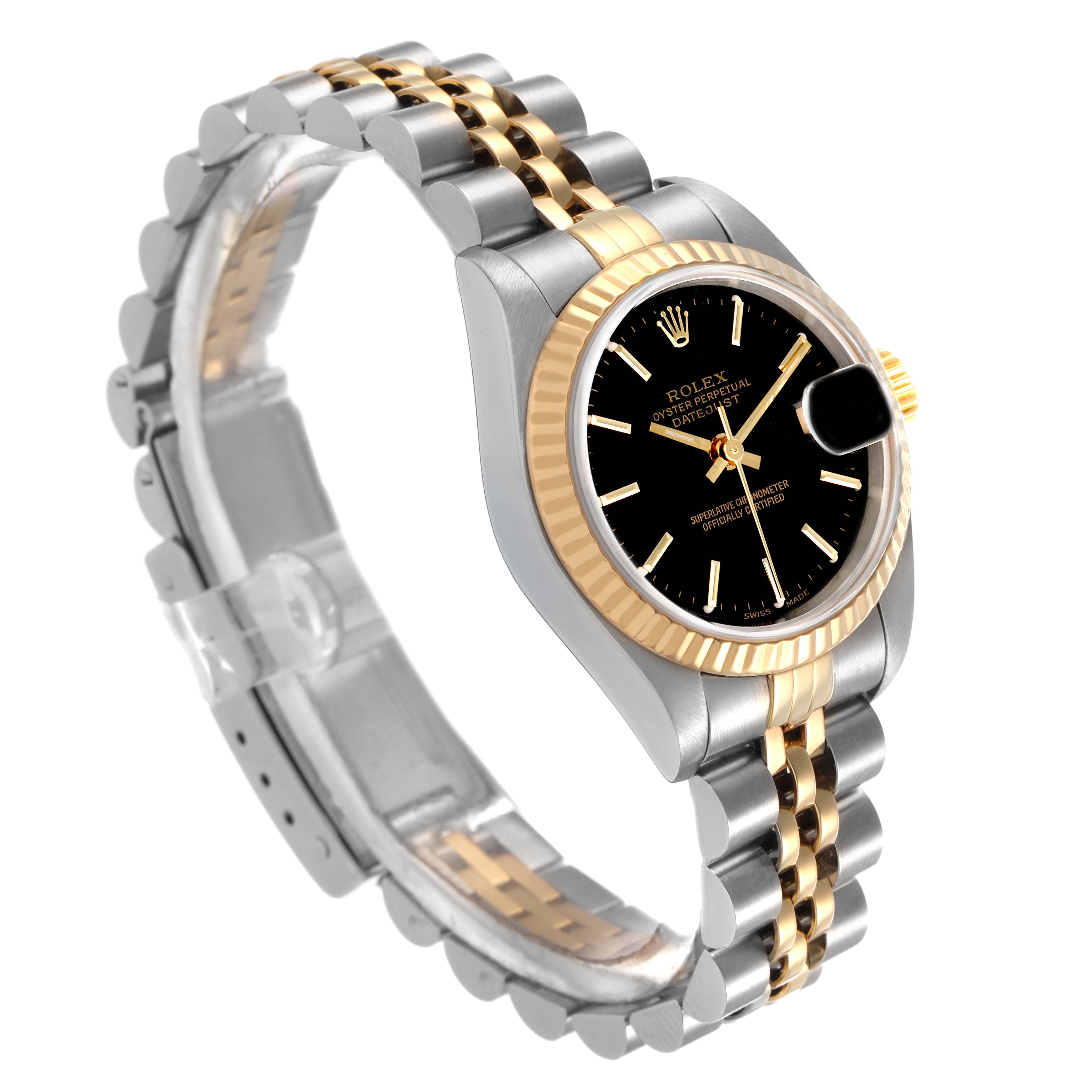 The Rolex Datejust 79173 Women's Steel and Gold (two tone) Black Dial watch is shown at a three-quarter angle, highlighting the black dial, fluted bezel, and two-tone jubilee bracelet.