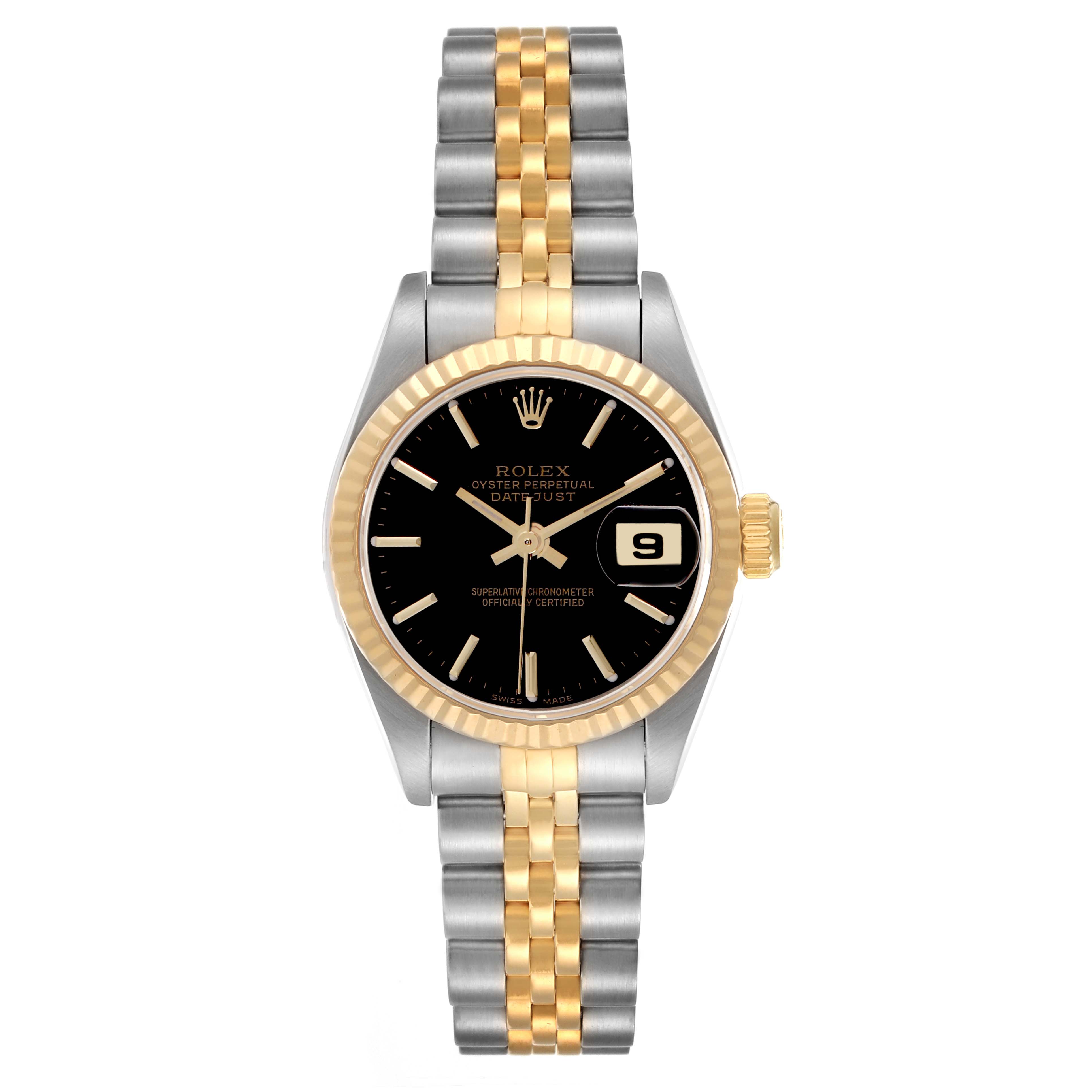 The Rolex Datejust 79173 Women's Steel and Gold (two tone) Black Dial watch is shown from a top-down angle, highlighting the bezel, dial, and bracelet.