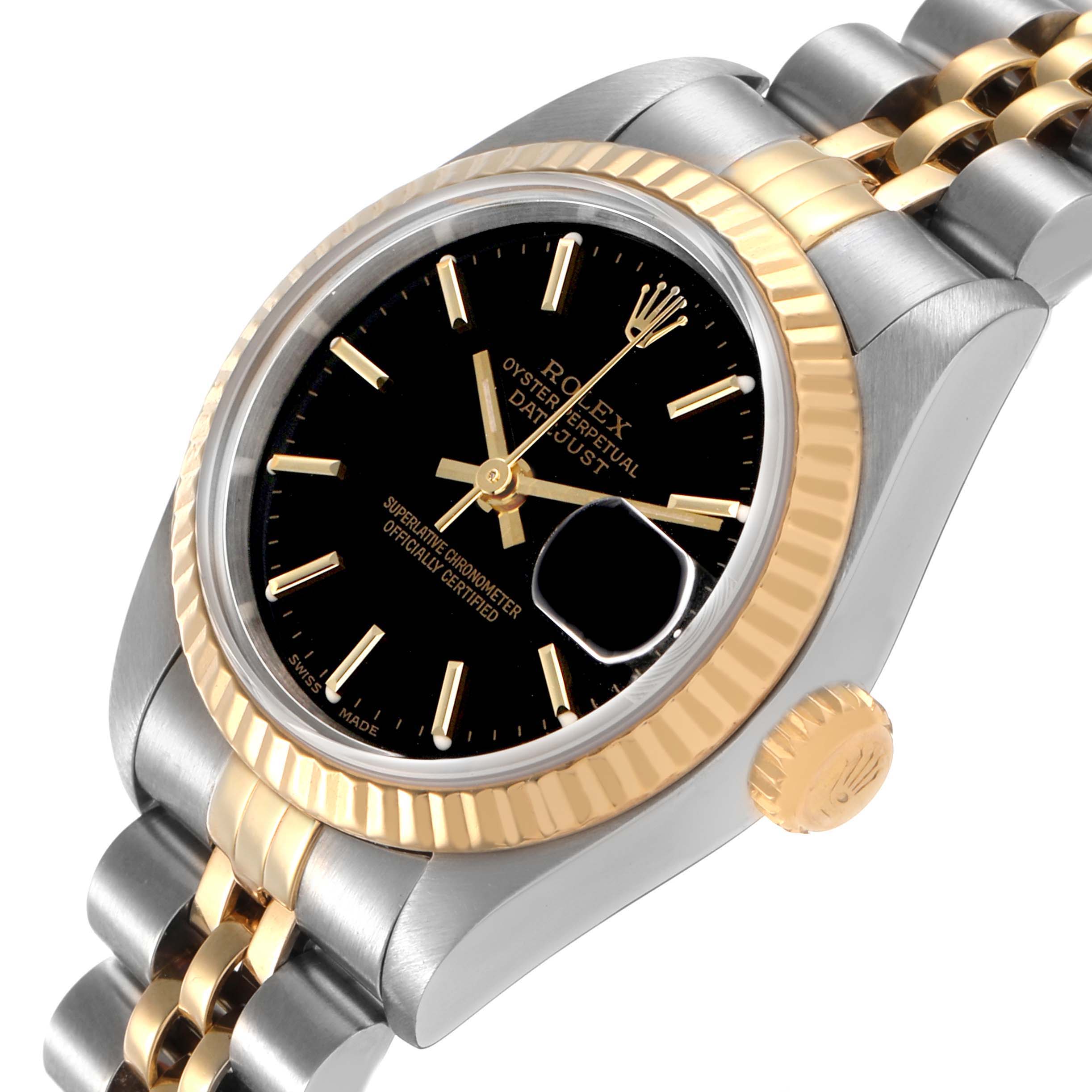 The Rolex Datejust 79173 Women's Steel and Gold (two tone) Black Dial watch is shown at a three-quarter angle, highlighting the bezel, dial, case, crown, and part of the bracelet.