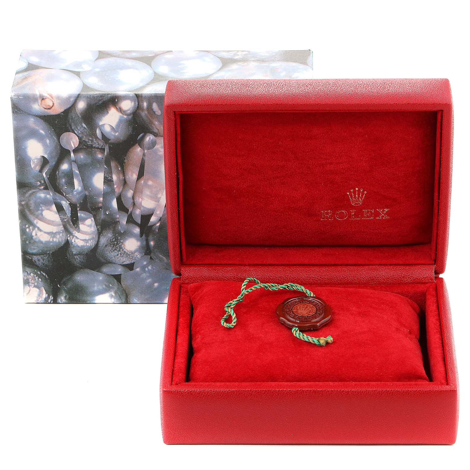 The image shows a red Rolex Datejust 79173 Women's Stainless Steel Blue Dial 79173 Women's Stainless Steel Blue Dial watch box and packaging in an open and empty state.
