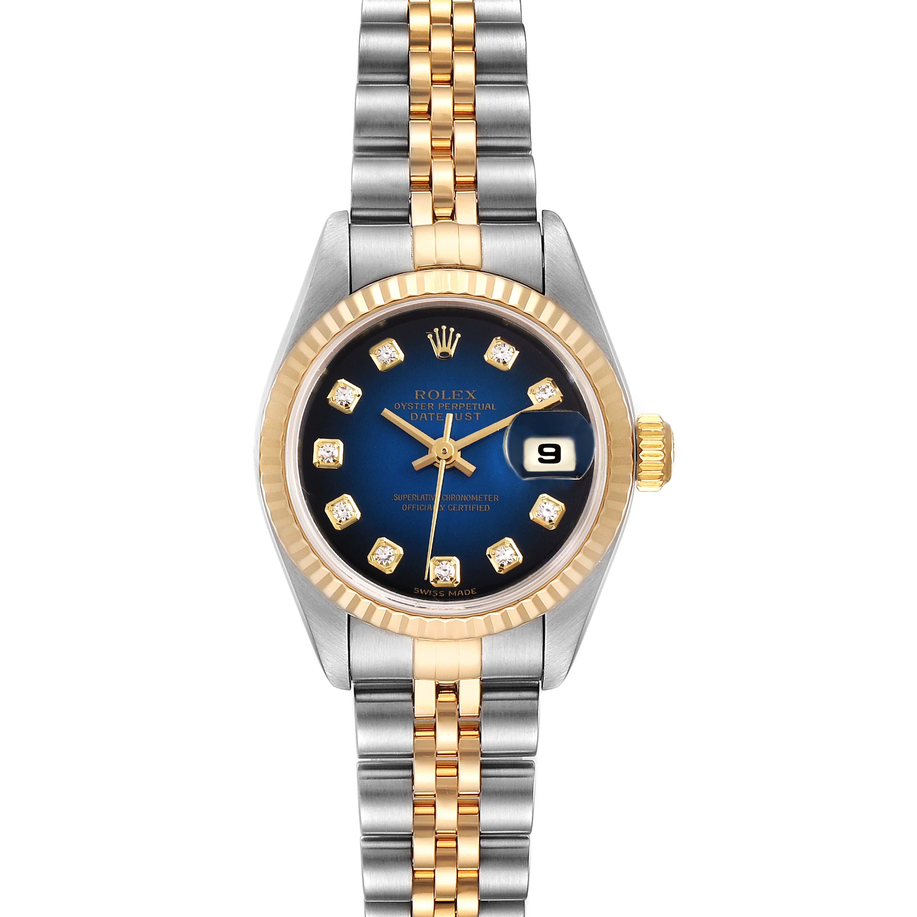 The image shows a front view of a Rolex Datejust 79173 Women's Stainless Steel Blue Dial 79173 Women's Stainless Steel Blue Dial watch with a blue dial and gold and silver jubilee bracelet.