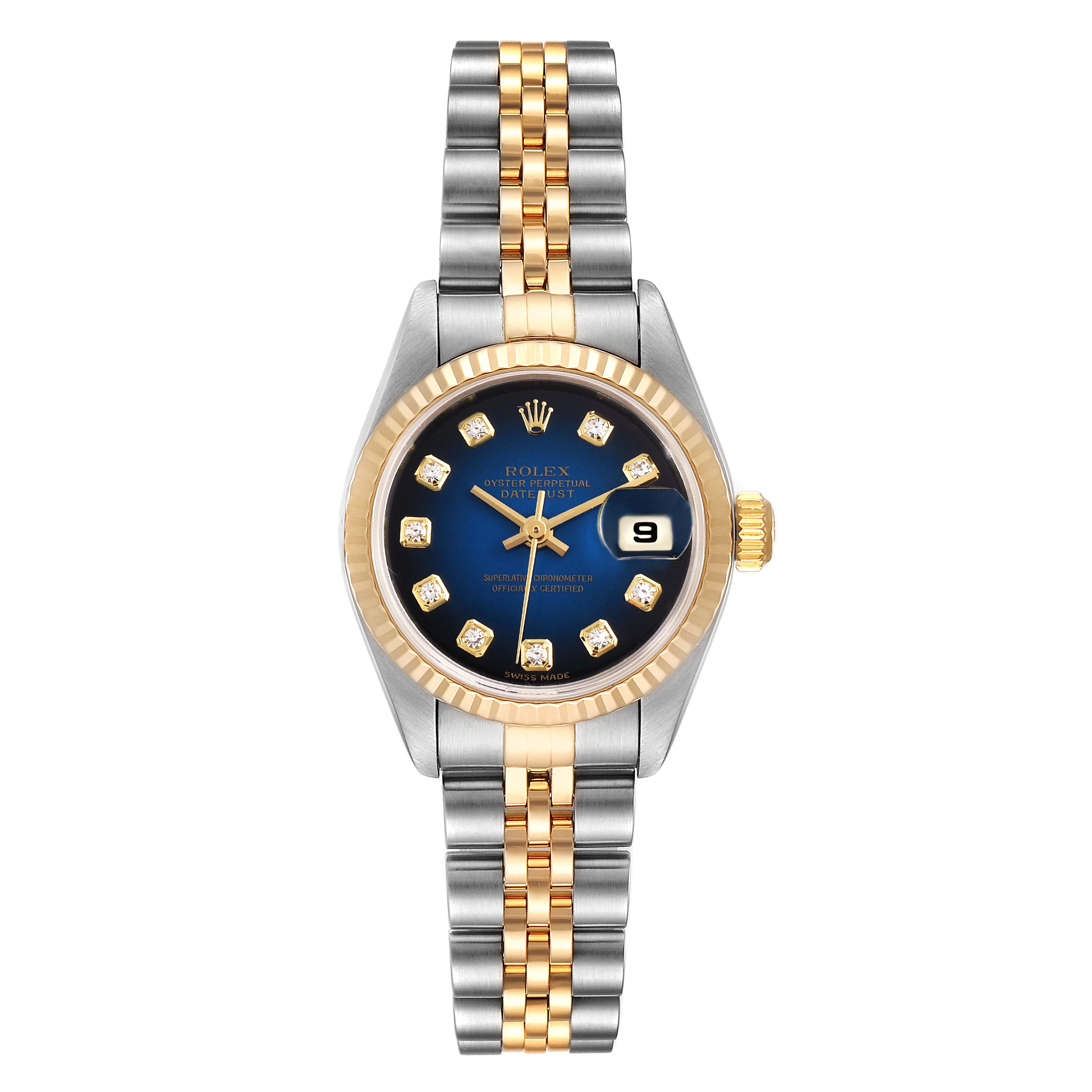 This image shows a Rolex Datejust 79173 Women's Stainless Steel Blue Dial 79173 Women's Stainless Steel Blue Dial watch from the front, featuring a blue dial with diamond hour markers and a two-tone metal bracelet.
