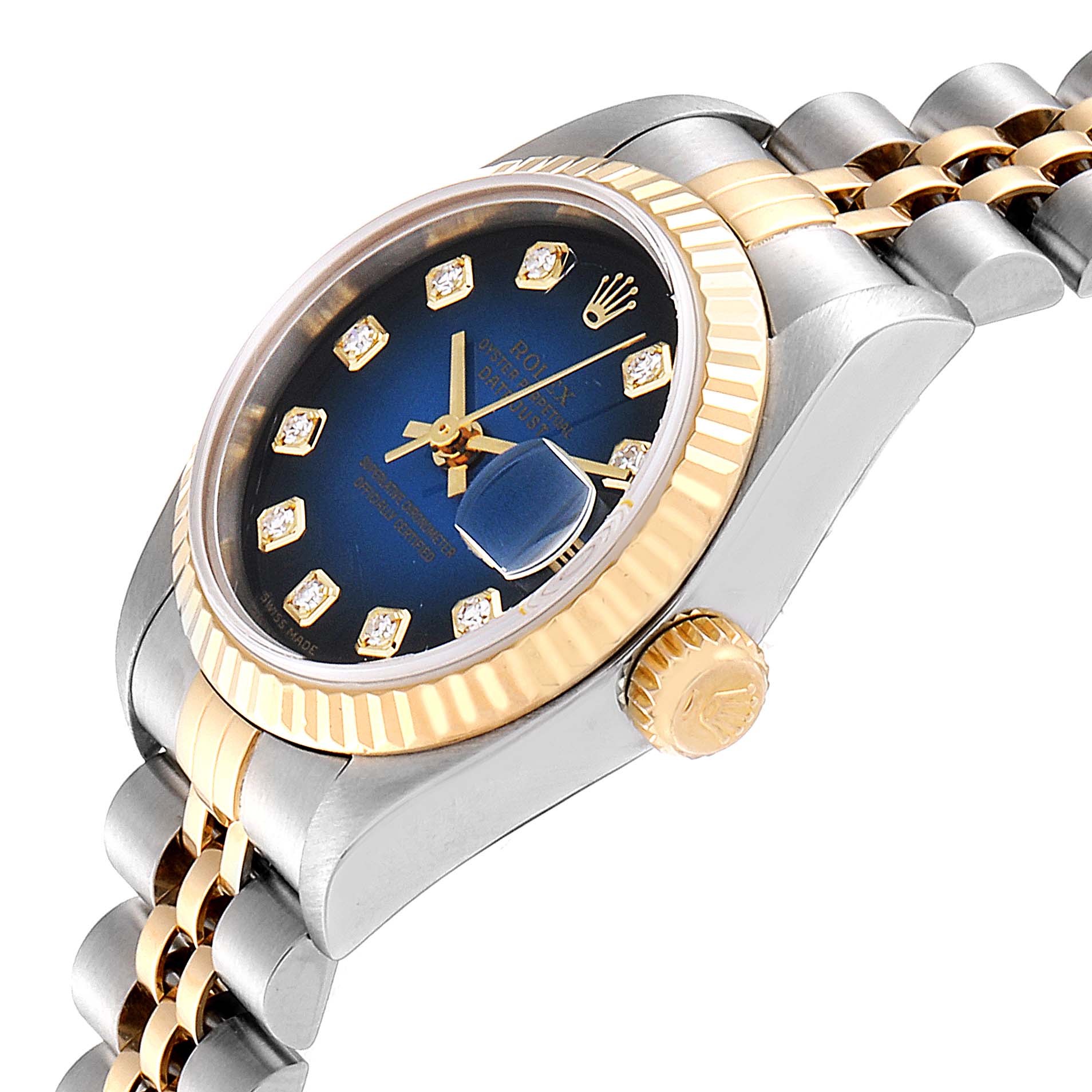 The Rolex Datejust 79173 Women's Stainless Steel Blue Dial 79173 Women's Stainless Steel Blue Dial watch is shown at an oblique angle, highlighting the bezel, crown, bracelet, and partial dial.