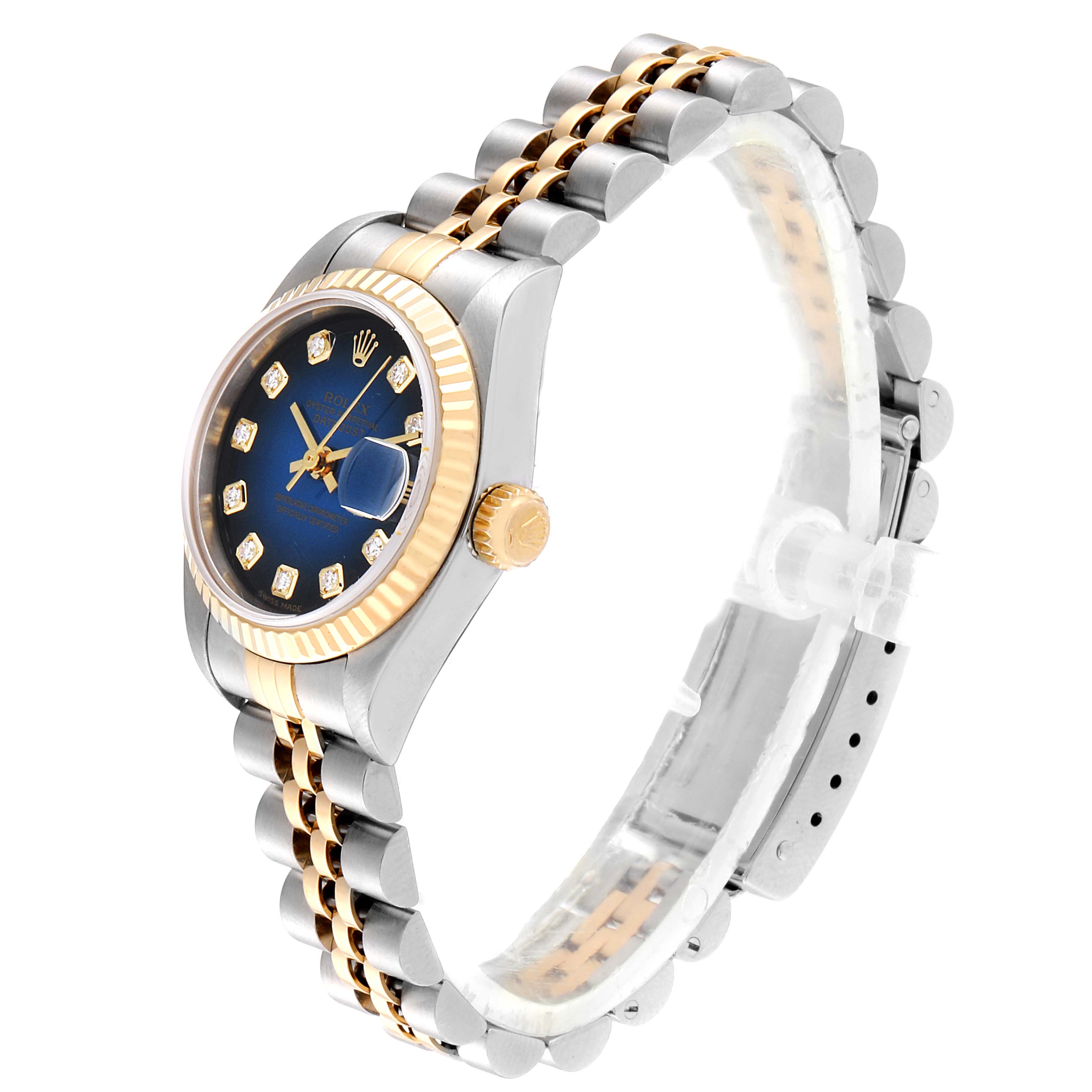 The Rolex Datejust 79173 Women's Stainless Steel Blue Dial 79173 Women's Stainless Steel Blue Dial watch is shown at an oblique angle, highlighting the blue dial, diamond hour markers, two-tone bracelet, and fluted bezel.