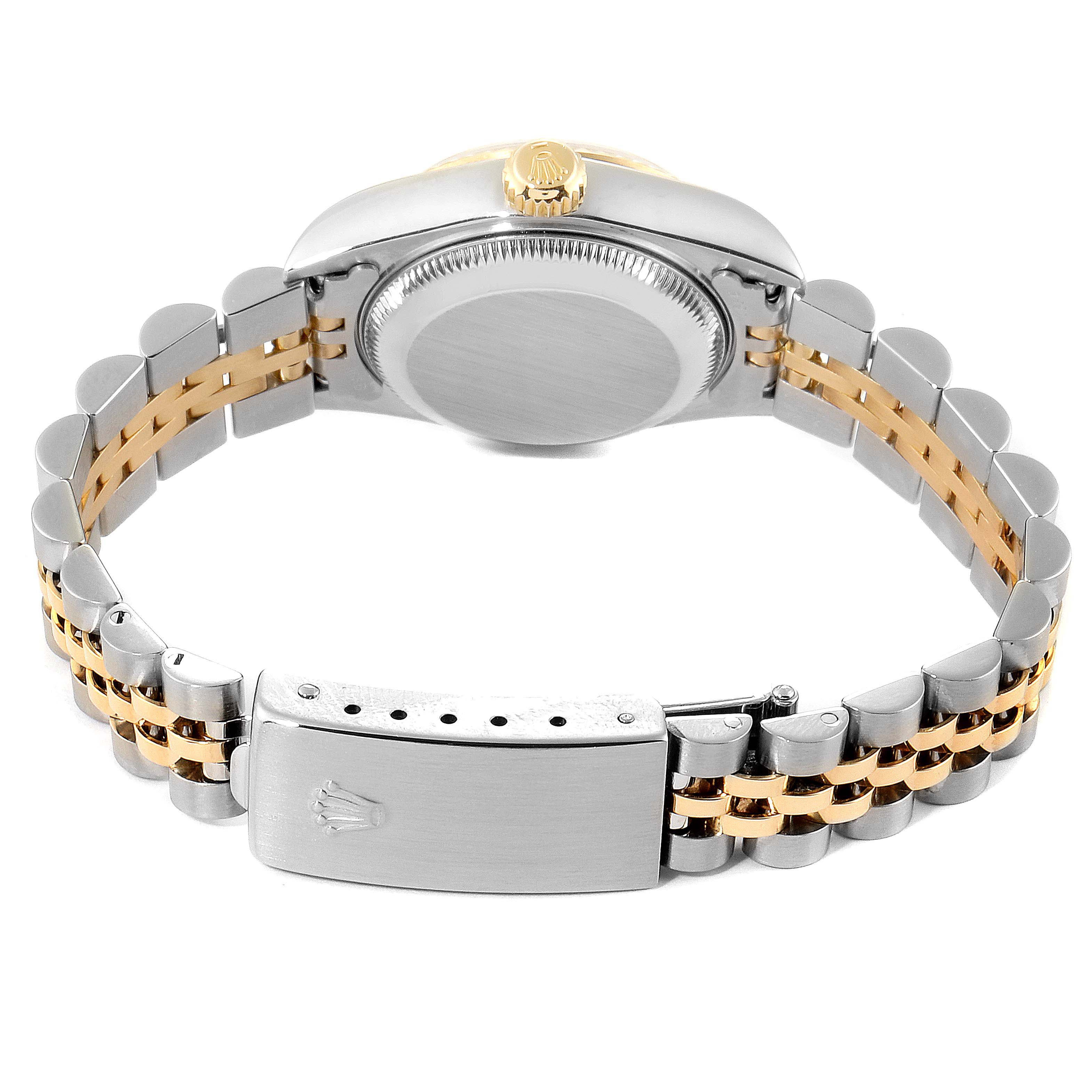 This image shows the back and clasp of a Rolex Datejust 79173 Women's Stainless Steel Blue Dial 79173 Women's Stainless Steel Blue Dial watch, featuring a two-tone bracelet.