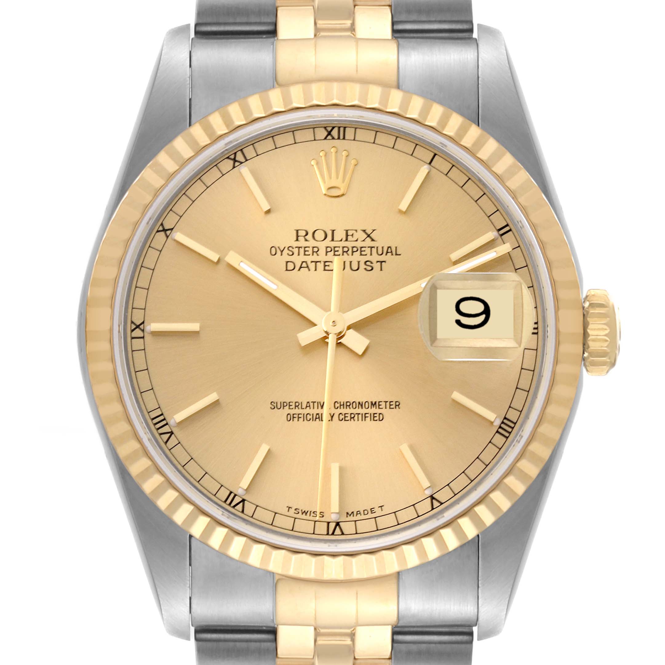 This image shows a frontal view of the Rolex Datejust 16233 Men's Stainless Steel Champagne Dial 16233 Men's Stainless Steel Champagne Dial watch, displaying the dial, fluted bezel, crown, and part of the bracelet.